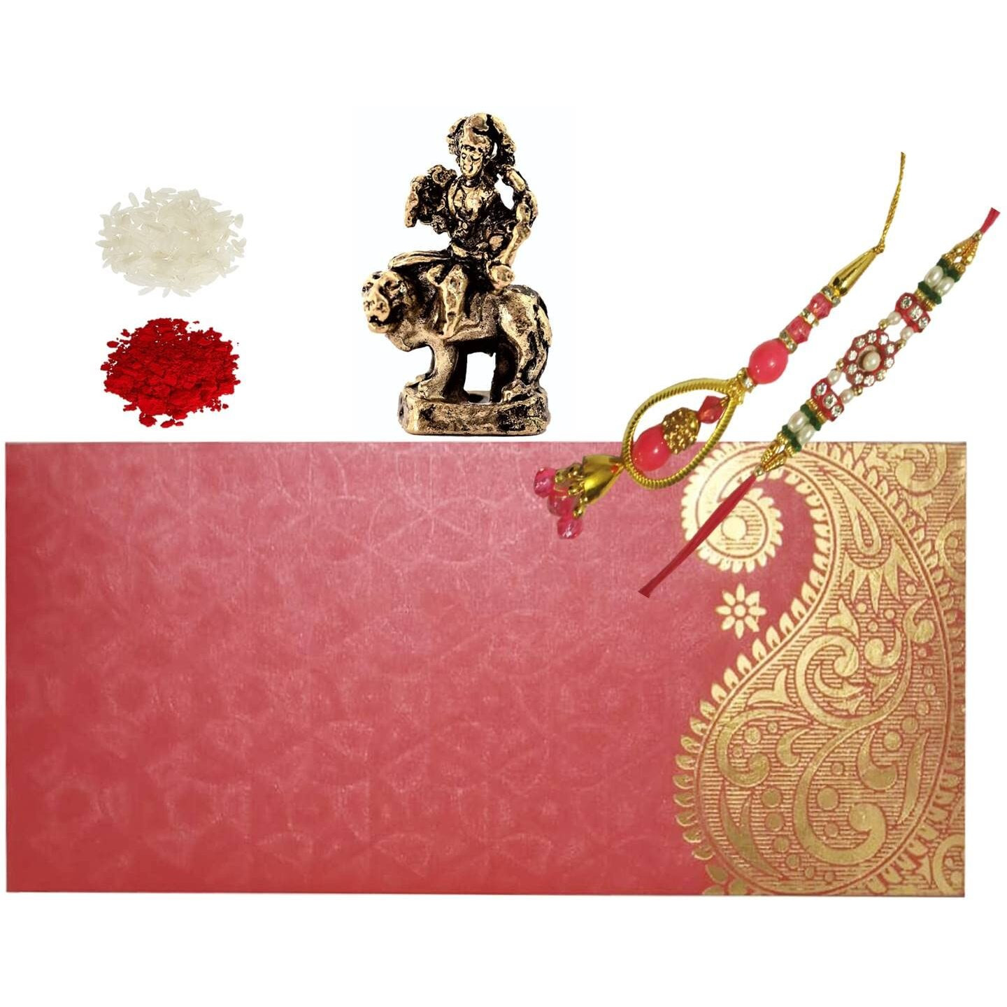 Purpledip Rakshabandhan Set Bhai Rakhi Bracelet. Bhabhi Lumba Latkan, Roli Chawal Tika, Miniature Ma Sherawali Durga Statue (Rakhi96C)