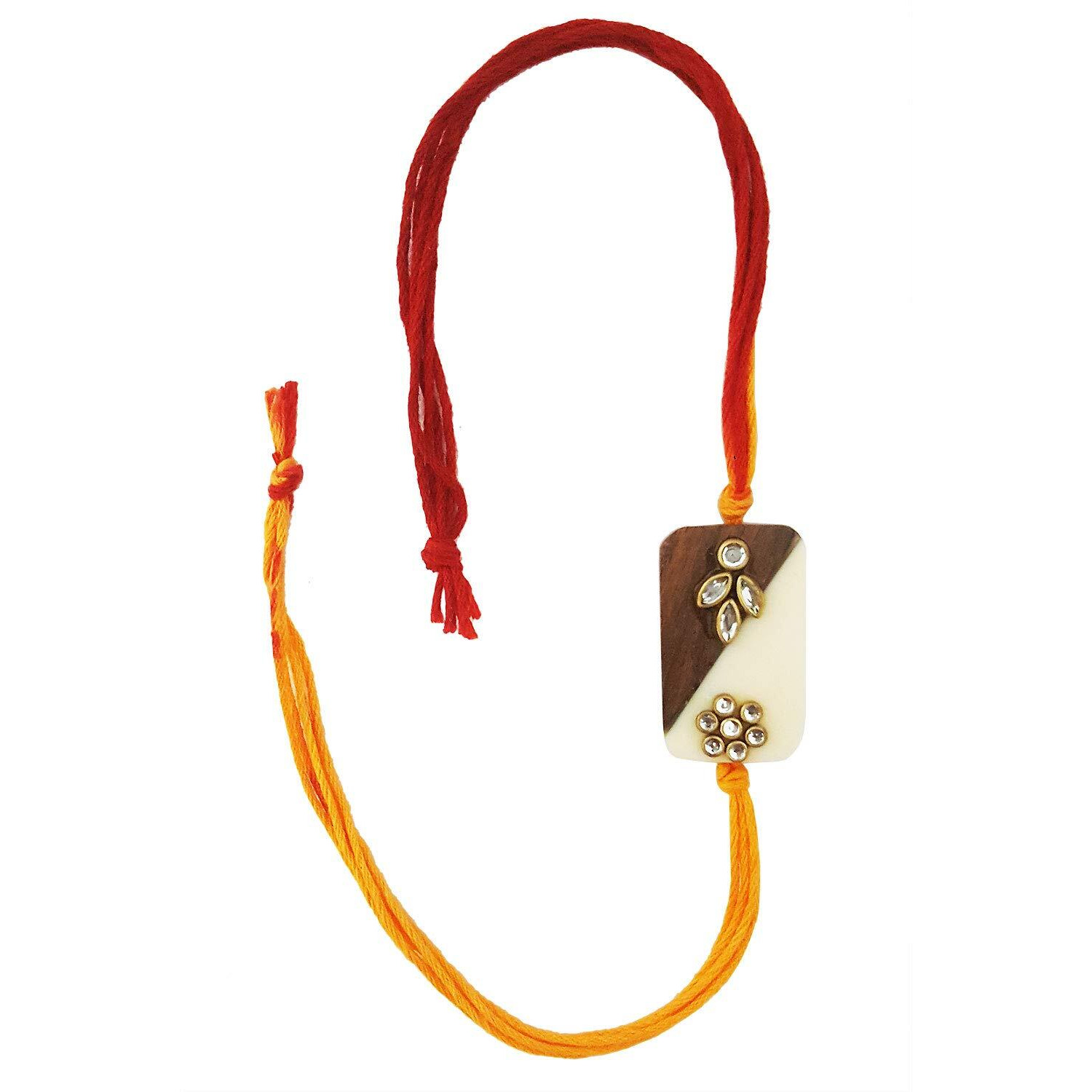 Mehrunnisa Handmade Wood Resin Bead & Crystals Rakhi With Roli Chawal (Rak2732)
