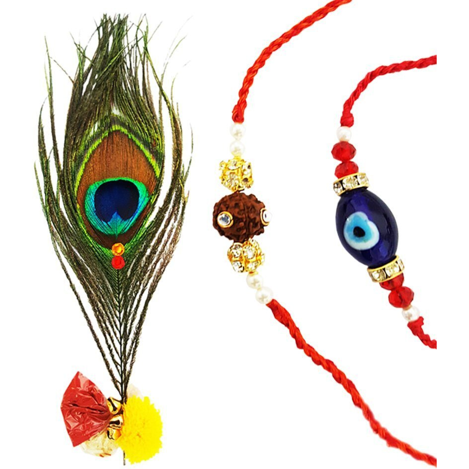 Mehrunnisa Set Of 2 Handmade Exquisite Turkish Evil Eye & Rudraksh Rakhis With Peacock Feather Roli & Chawal (Rak915)