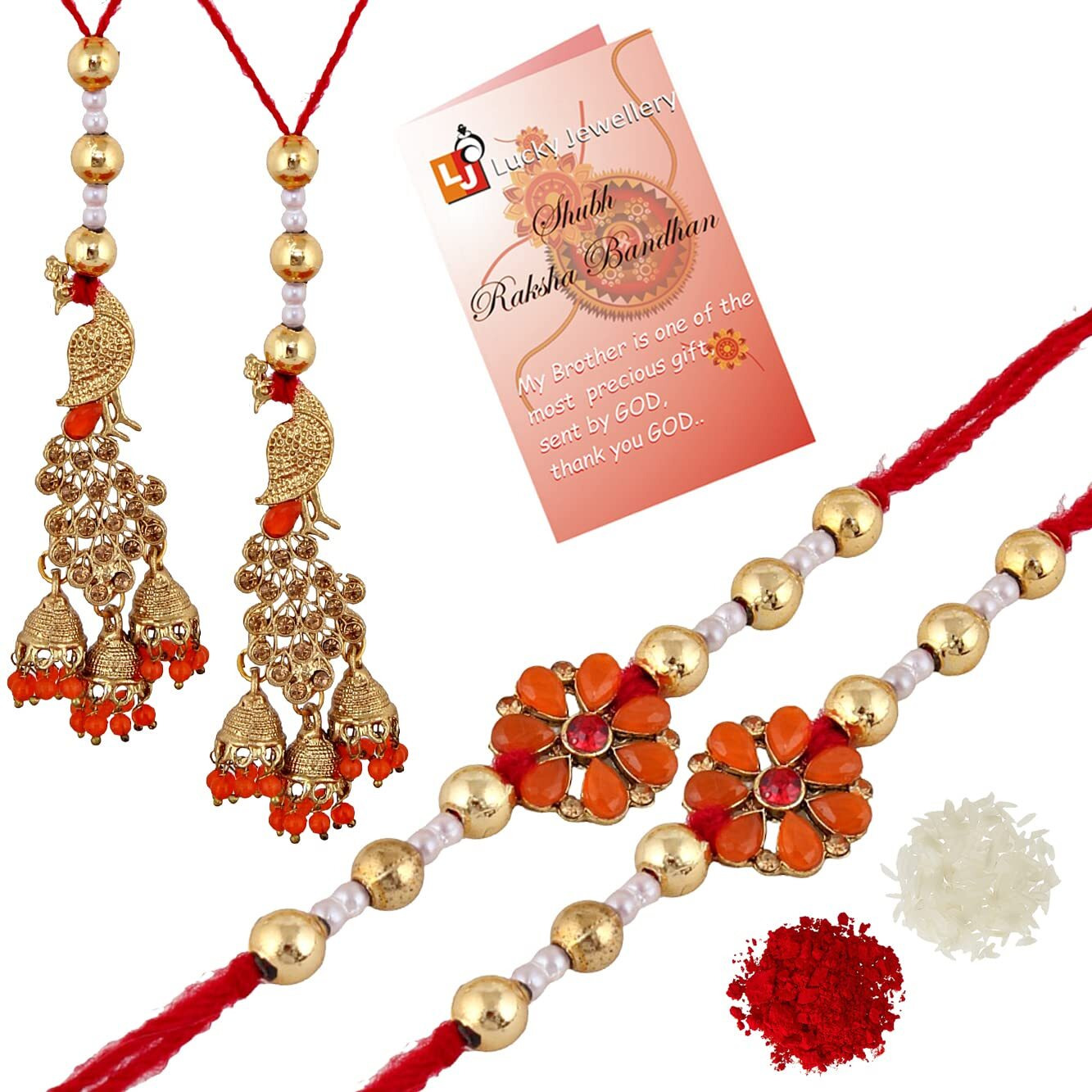 Lucky Jewellery Unisex Adult Gold-Plated Rakhi - Red Thread, Designer Fancy Traditional Rakhee Bracelet With Designer Lumba For Brother/Bhaiya/Bhai/Bhabhi - (165-Wesr1-327C-O-4)