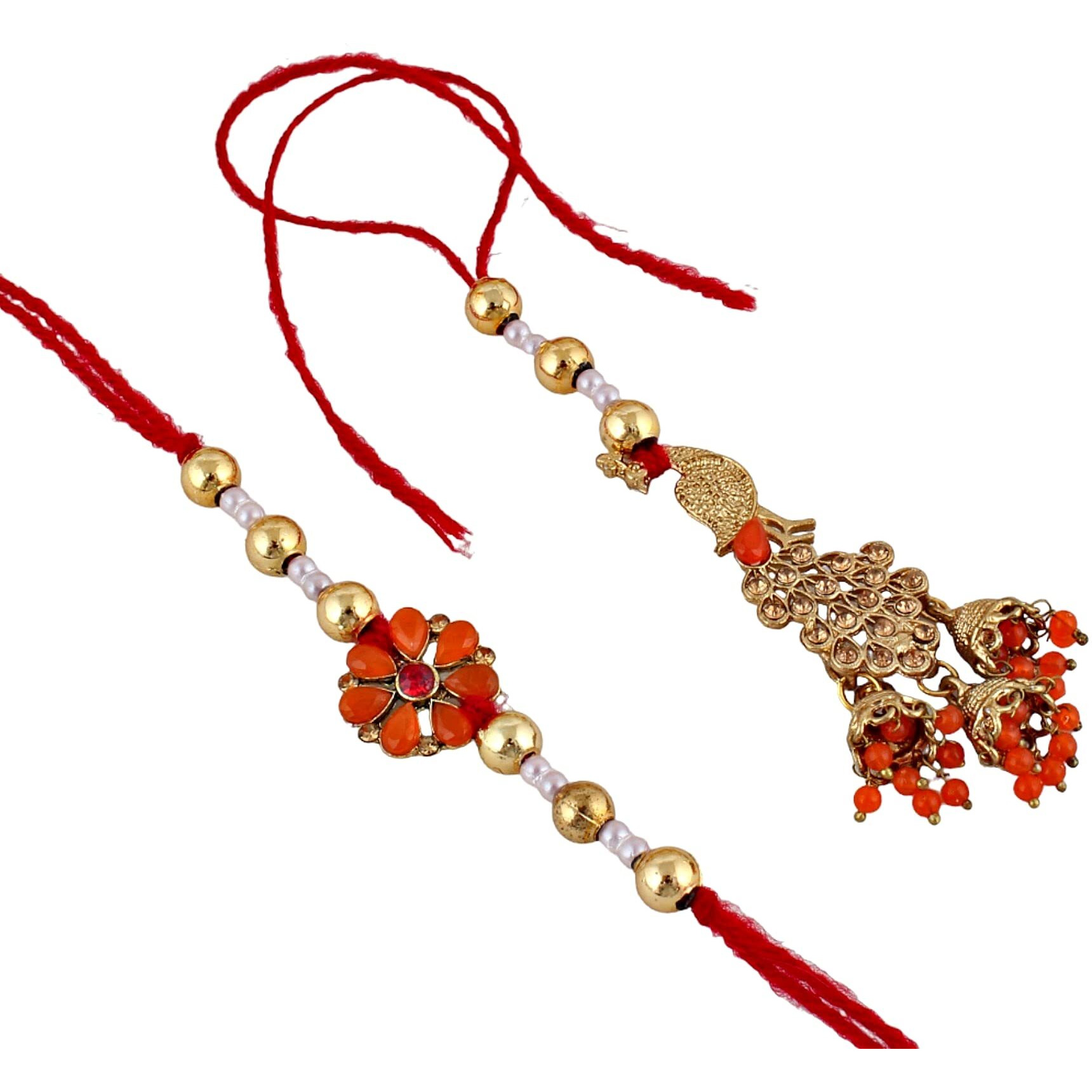 Lucky Jewellery Unisex Adult Gold-Plated Rakhi - Red Thread, Designer Fancy Traditional Rakhee Bracelet With Designer Lumba For Brother/Bhaiya/Bhai/Bhabhi - (165-Wesr1-327C-O-4)