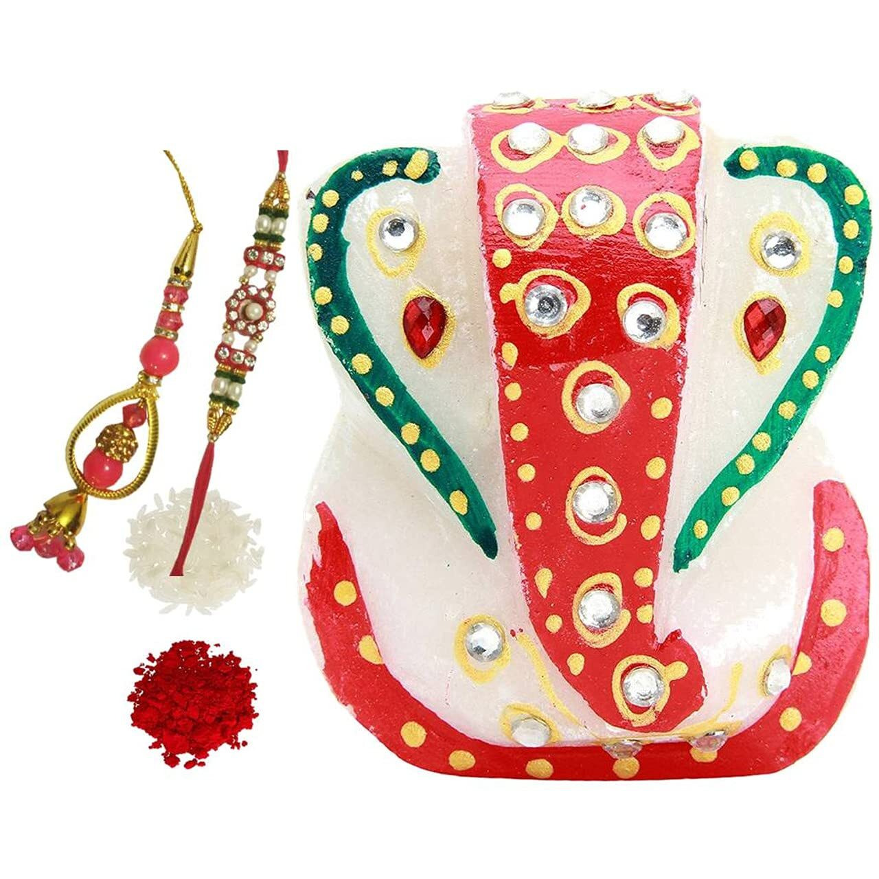 Purpledip Rakshabandhan Set Small Ganesha Marble Statue, Designer Rakhis For Bhai & Bhabhi, Roli Chawal Tika (Rakhi78C)