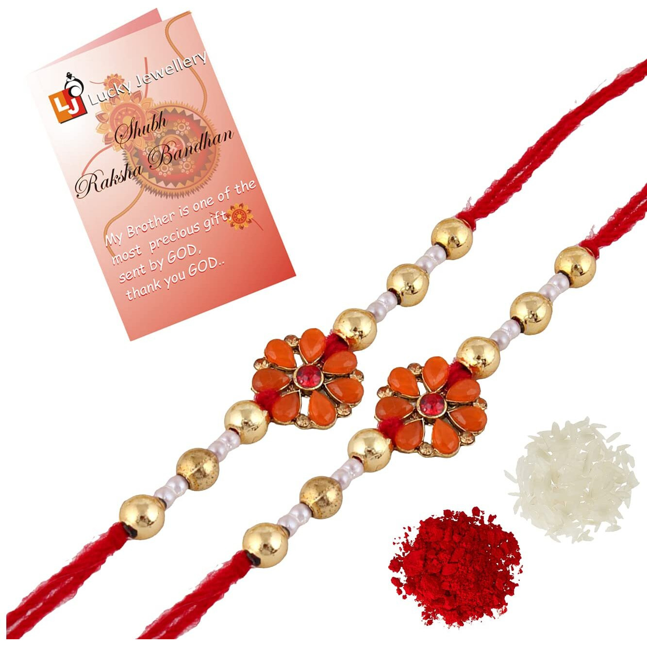 Lucky Jewellery Gold-Plated Rakhi - Red Thread, Designer Fancy Traditional Rakhee Bracelet For Brother/Bhaiya/Bhai/Bhabhi - Rakshasutra (165-Wesr1-327A-O-2)