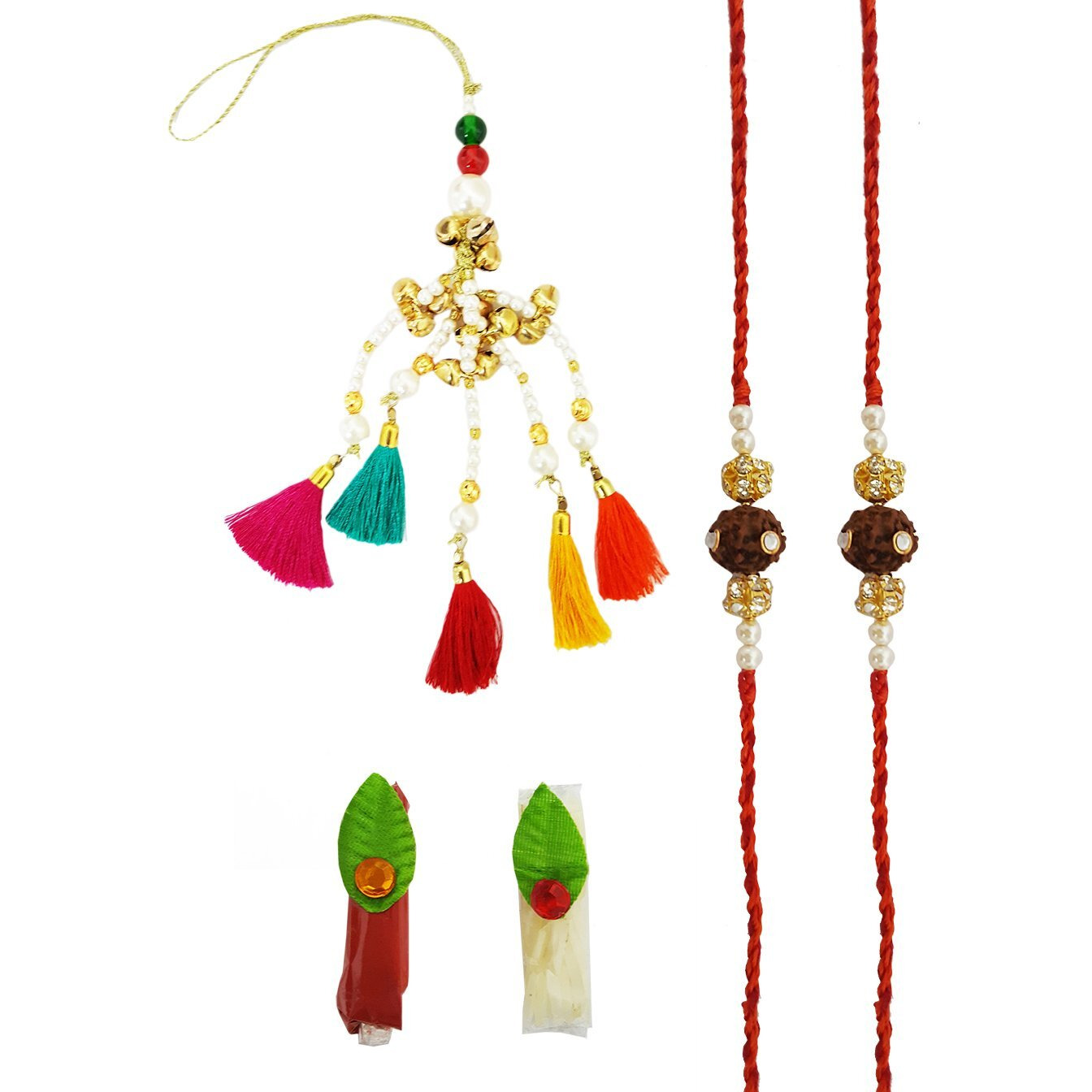 Mehrunnisa Set Of 2 Handmade Exquisite Rudraksh Rakhis & Lumba Set With Roli Chawal (Rak1071)