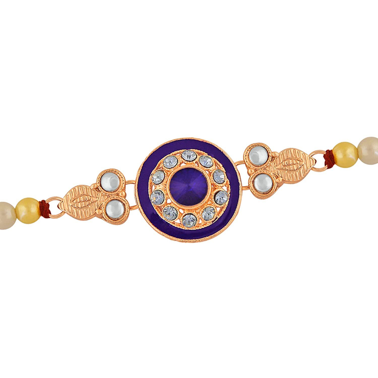 Mahi Blue Meenakari Work And White Crystal, Artificial Pearl Round Rakhi For Bhaiya (Ra1100629Z)