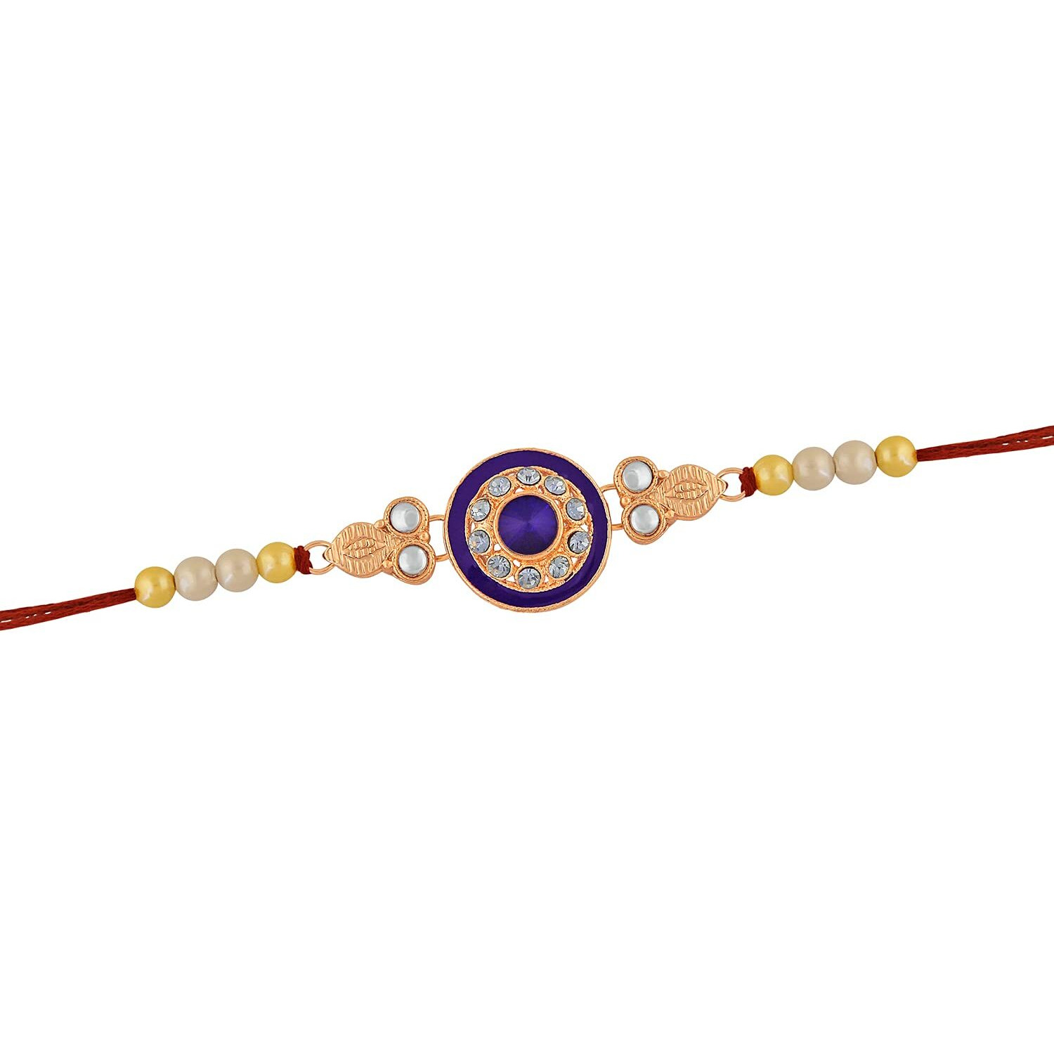 Mahi Blue Meenakari Work And White Crystal, Artificial Pearl Round Rakhi For Bhaiya (Ra1100629Z)