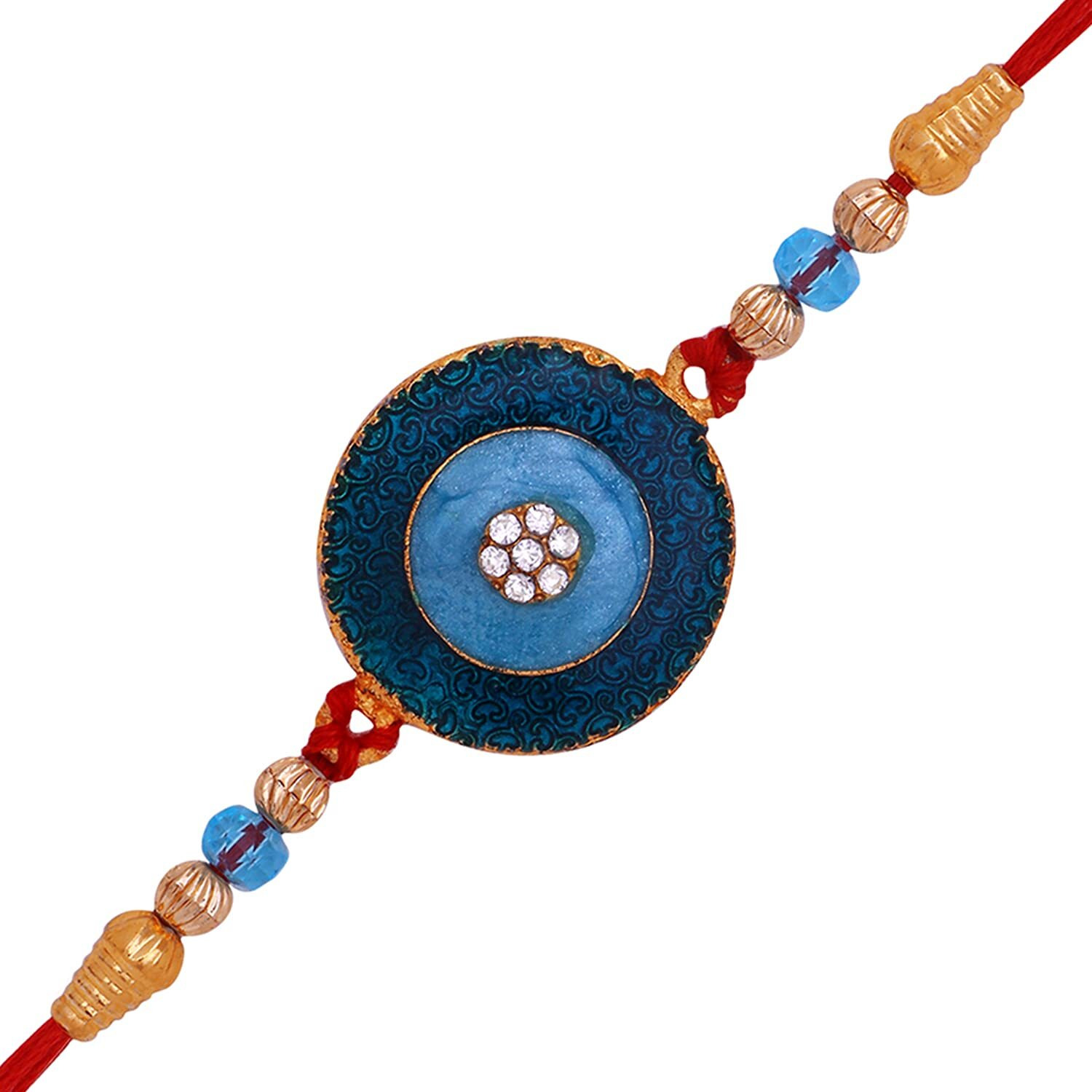 Mahi Blue Meenakari Work And White Crystal Round Rakhi For Bhaiya (Ra1100642G)