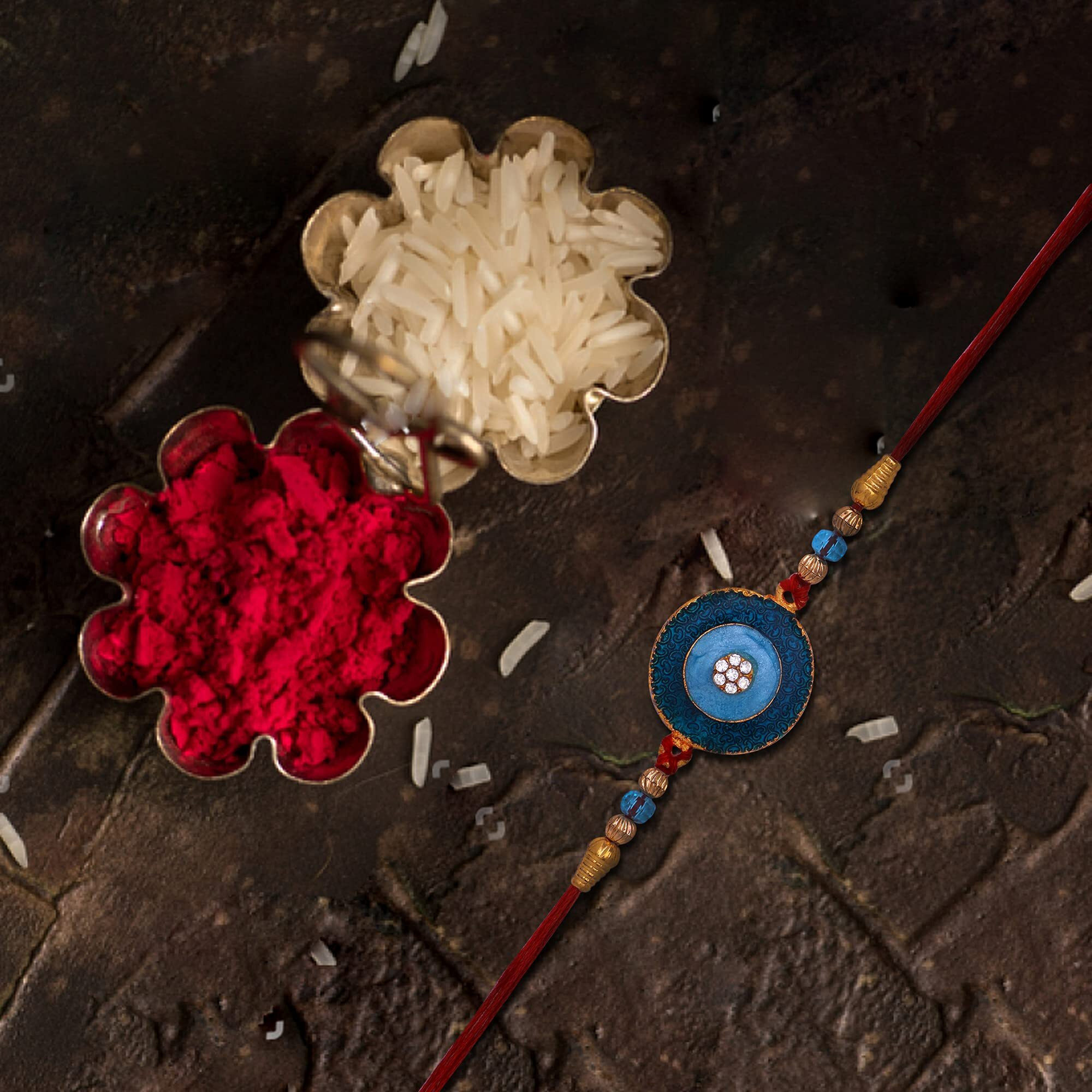 Mahi Blue Meenakari Work And White Crystal Round Rakhi For Bhaiya (Ra1100642G)