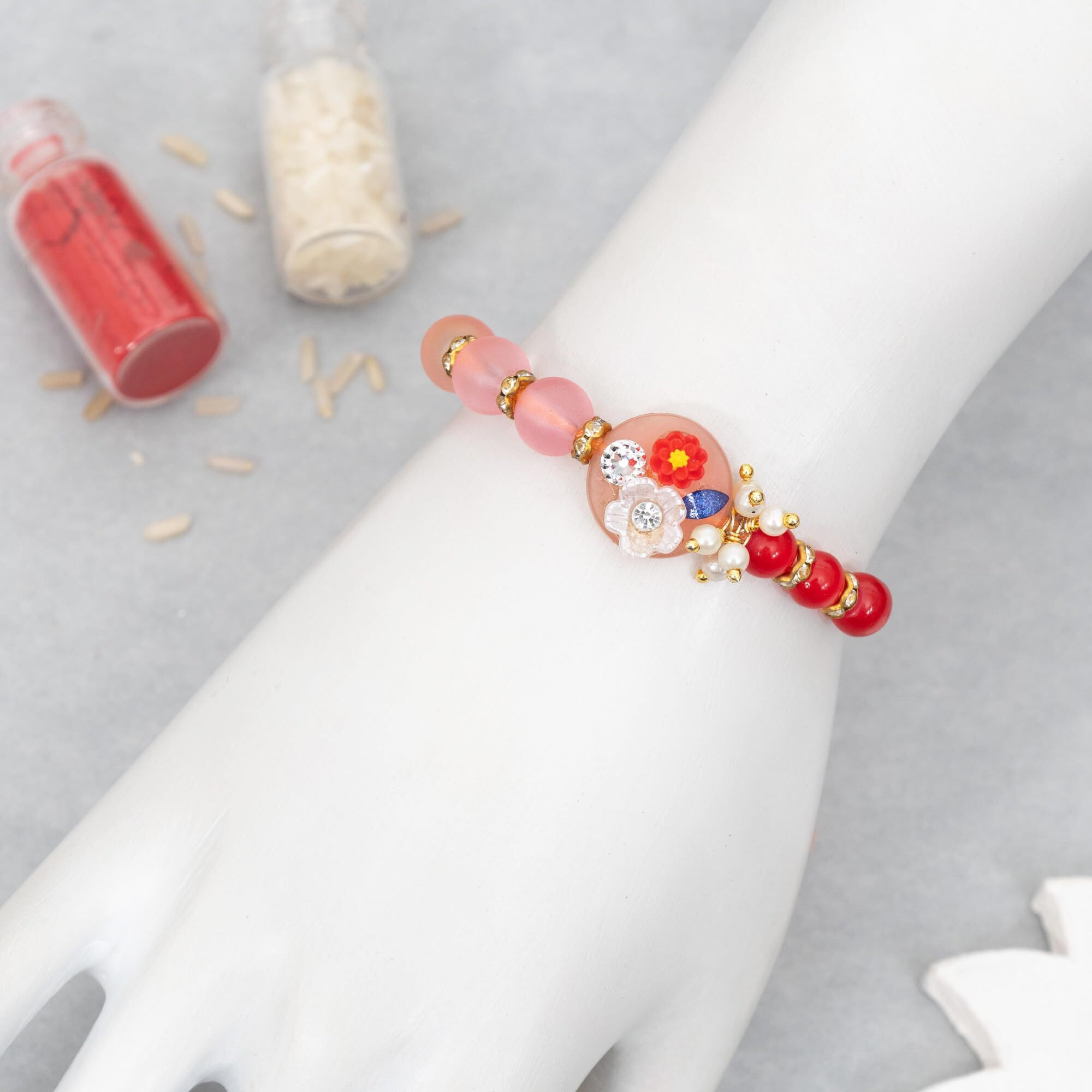 To The Nines Elegant Floral Rakhi/Band For Beloved Brother With Tilak Material And Greeting Card
