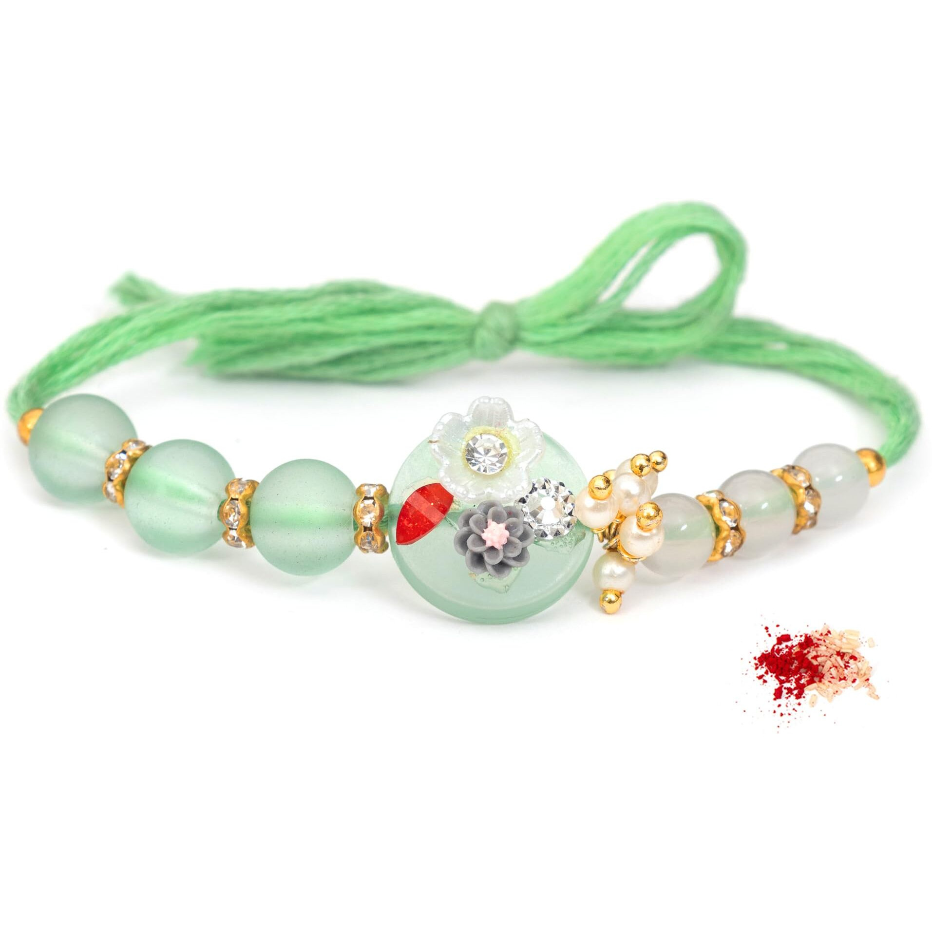 To The Nines Green Floral Rakhi For Brother With Tilak Material & Greeting Card