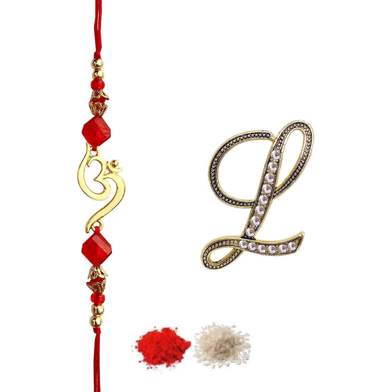 Fure Om Beads Rakhi (Golden) & L Initial Brooch For Brother