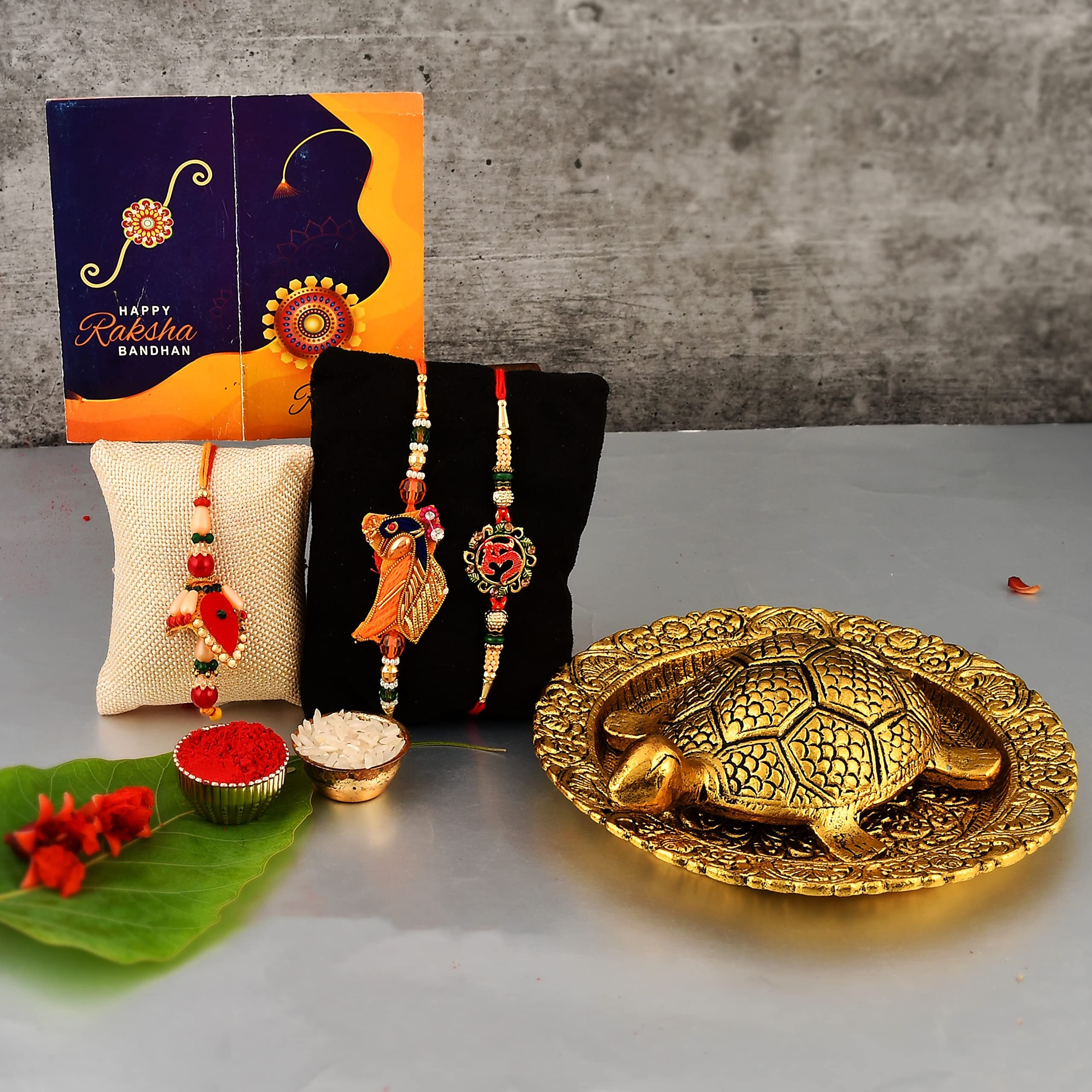 Yalambar Rakhi Gift For Brother With Rakhi Gift Combo For Brother Best Gift For Bhaiya Bhabhi + Metal Tortoise Vastu Showpiece + Rakhi Set Of-3 +Roli Chawal + Free Rakhi Card-Yal-022-29