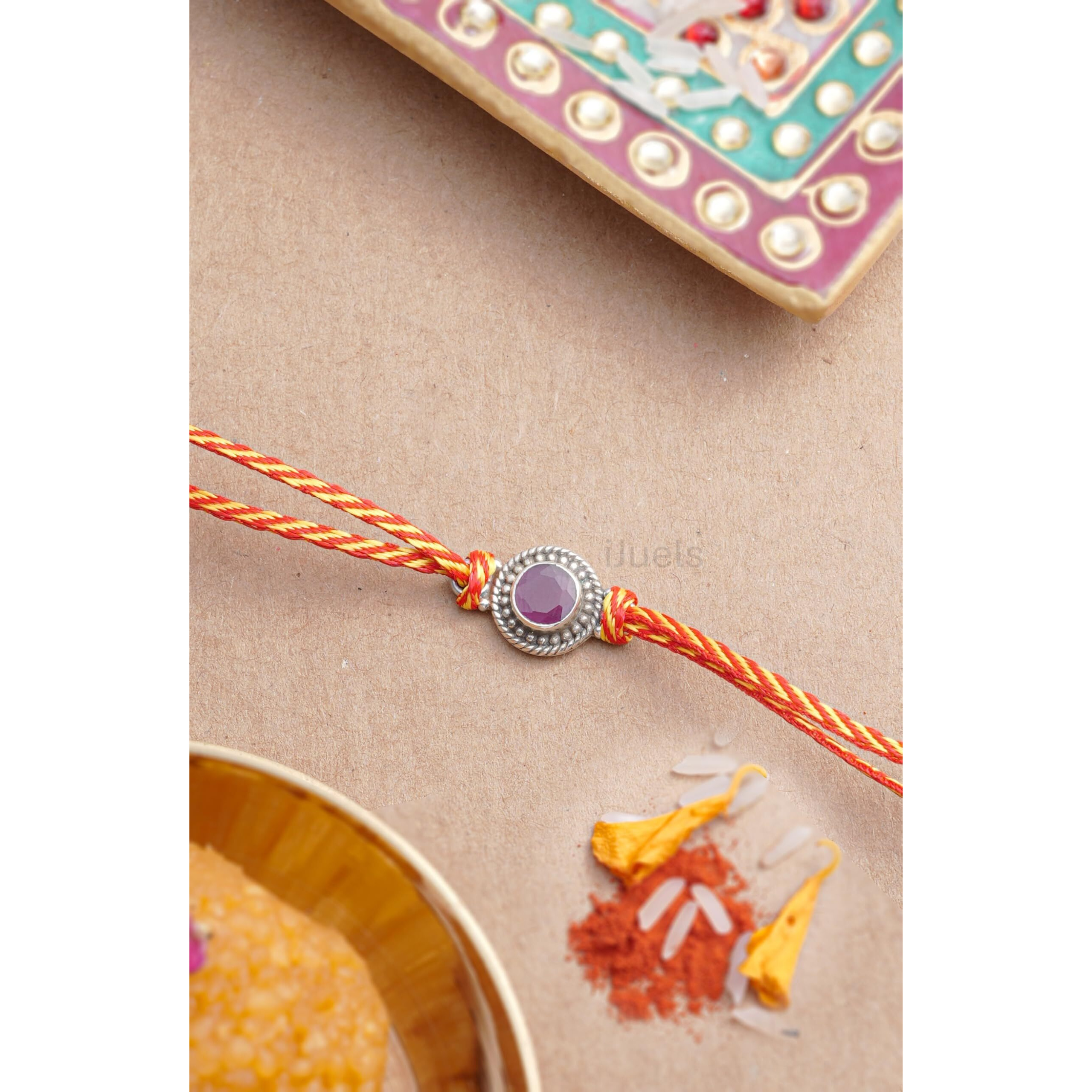 I Juels  Live The Emotions 925 Pure Silver Red Stone Rakhi For Brother I Rakhi For Bhai With Roli Chawal And Certificate I Gifts For Boys And Men.