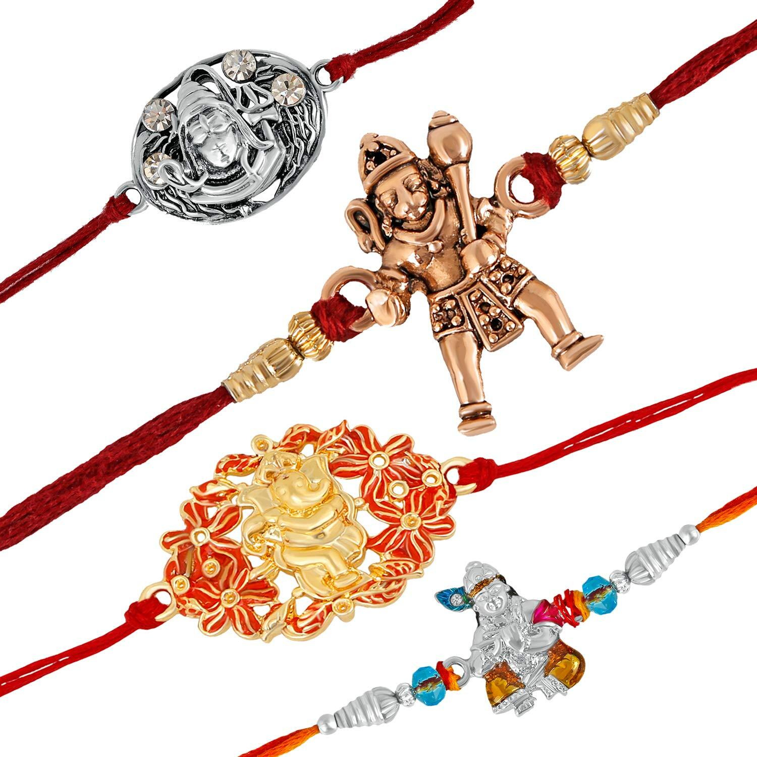 Mahi Combo Of 4 Meenakari Spiritual Lord Shiva, Jai Hanuman, Lord Ganesha And Lord Krishna Rakhi (Bracelet) With Crystal Stones For Beloved Brothers/Bhaiya (Rco1104956Mc)
