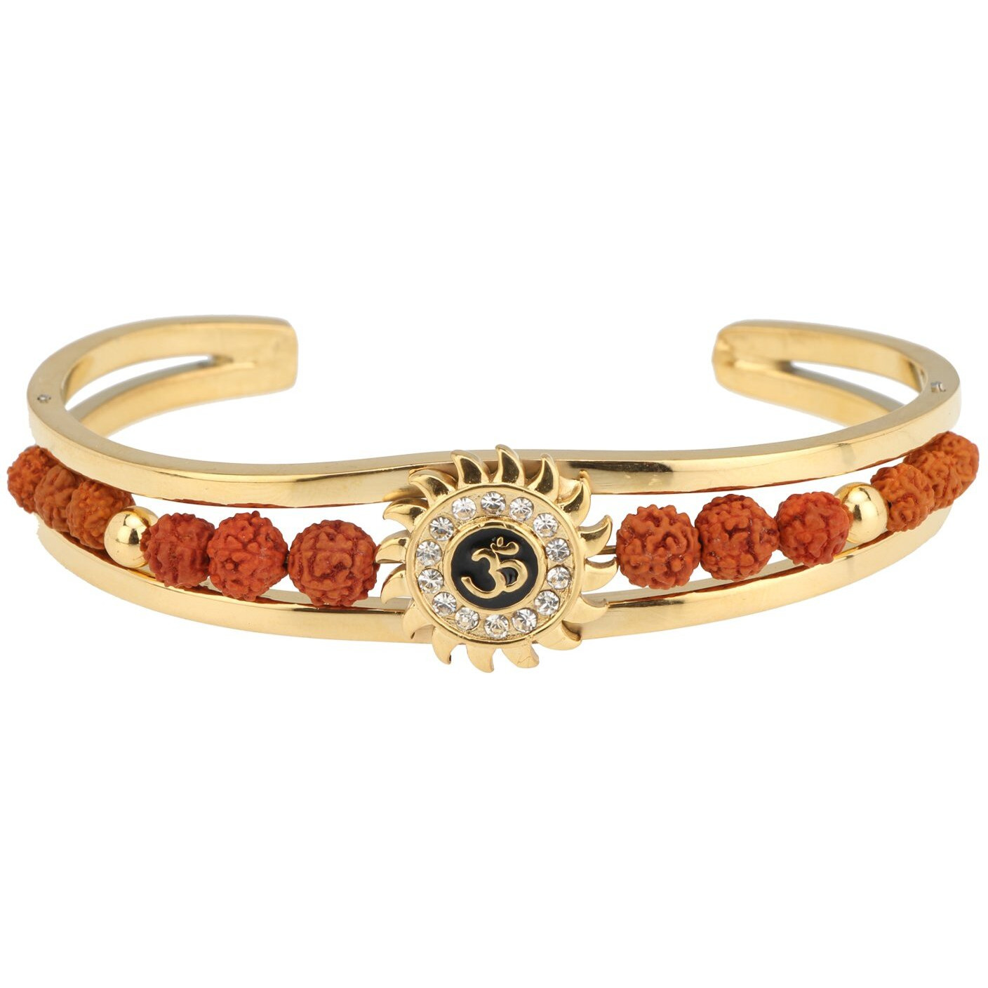 Stylepotion Religious Om Gold Plated With Rudraksha Beads American Diamond Brass Oval Cuff Kada Bracelet For Men