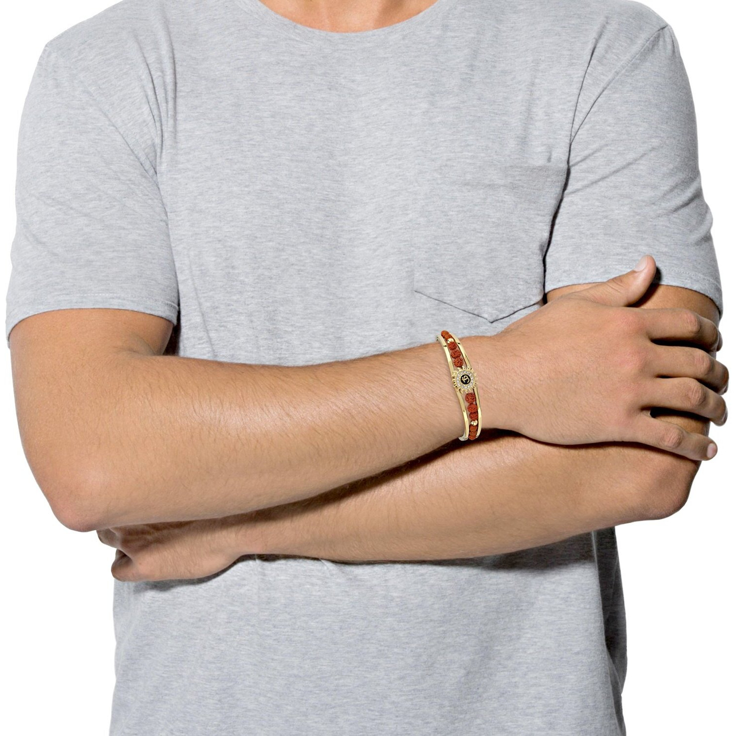 Stylepotion Religious Om Gold Plated With Rudraksha Beads American Diamond Brass Oval Cuff Kada Bracelet For Men