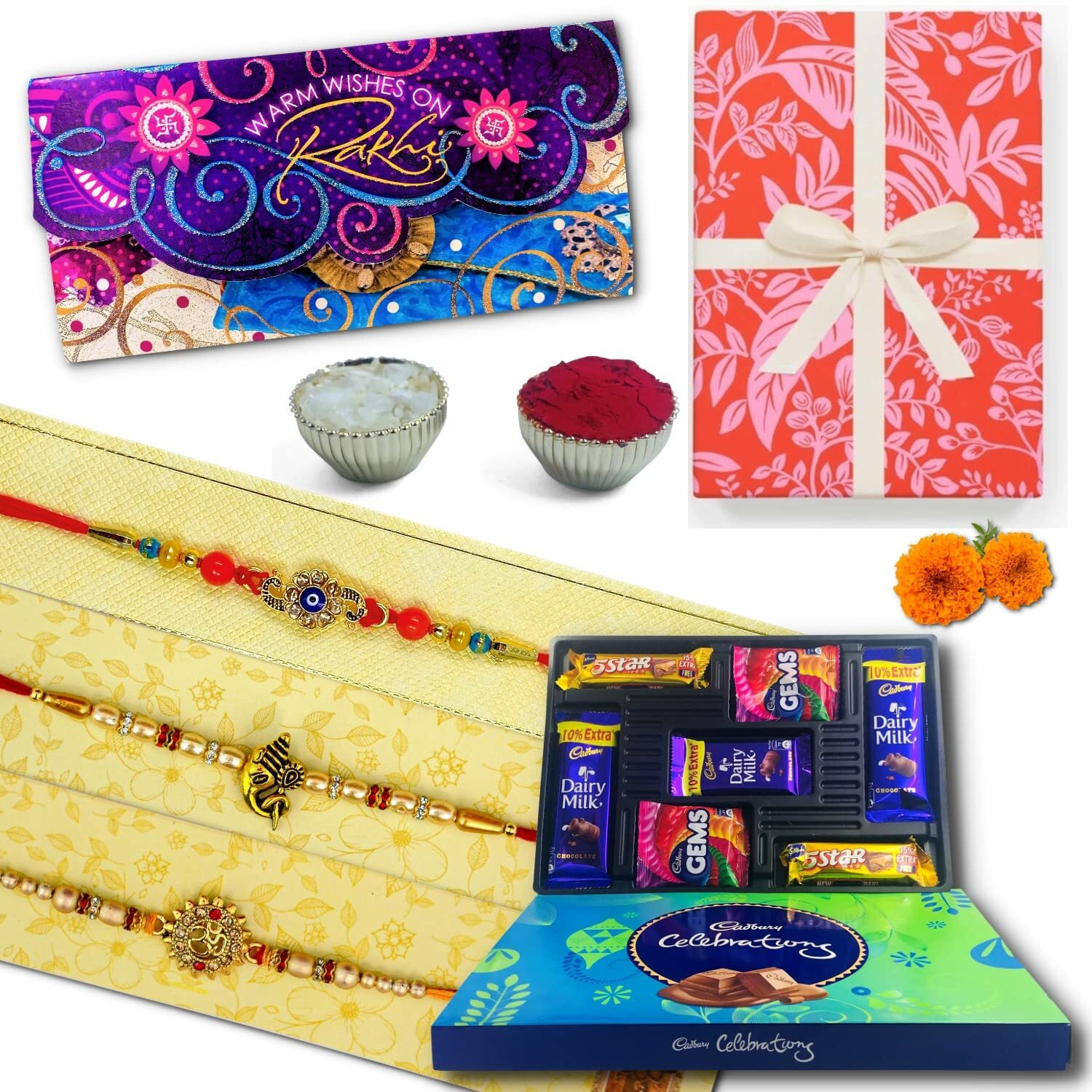 Almoda Creations Rakhi Gift For Brothers 3 Antique Panchdhatu Rakhi, Rakhi Greeting Card, Cadbury Celebrations Chocolates, Tilak Pouch & Kalawa, Rakhi Gift Box, Personalized Message
