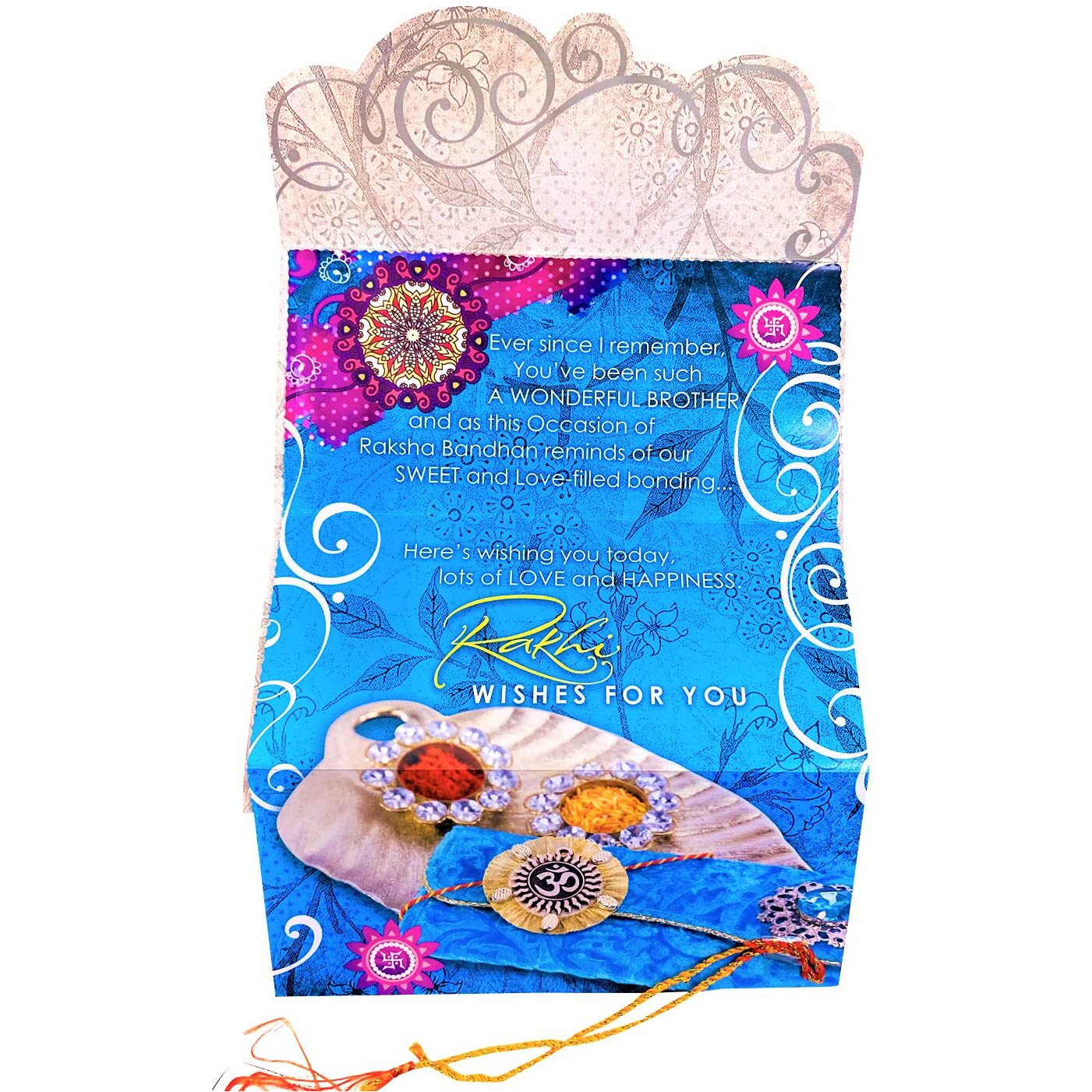 Almoda Creations Rakhi Gift For Brothers 3 Antique Panchdhatu Rakhi, Rakhi Greeting Card, Cadbury Celebrations Chocolates, Tilak Pouch & Kalawa, Rakhi Gift Box, Personalized Message