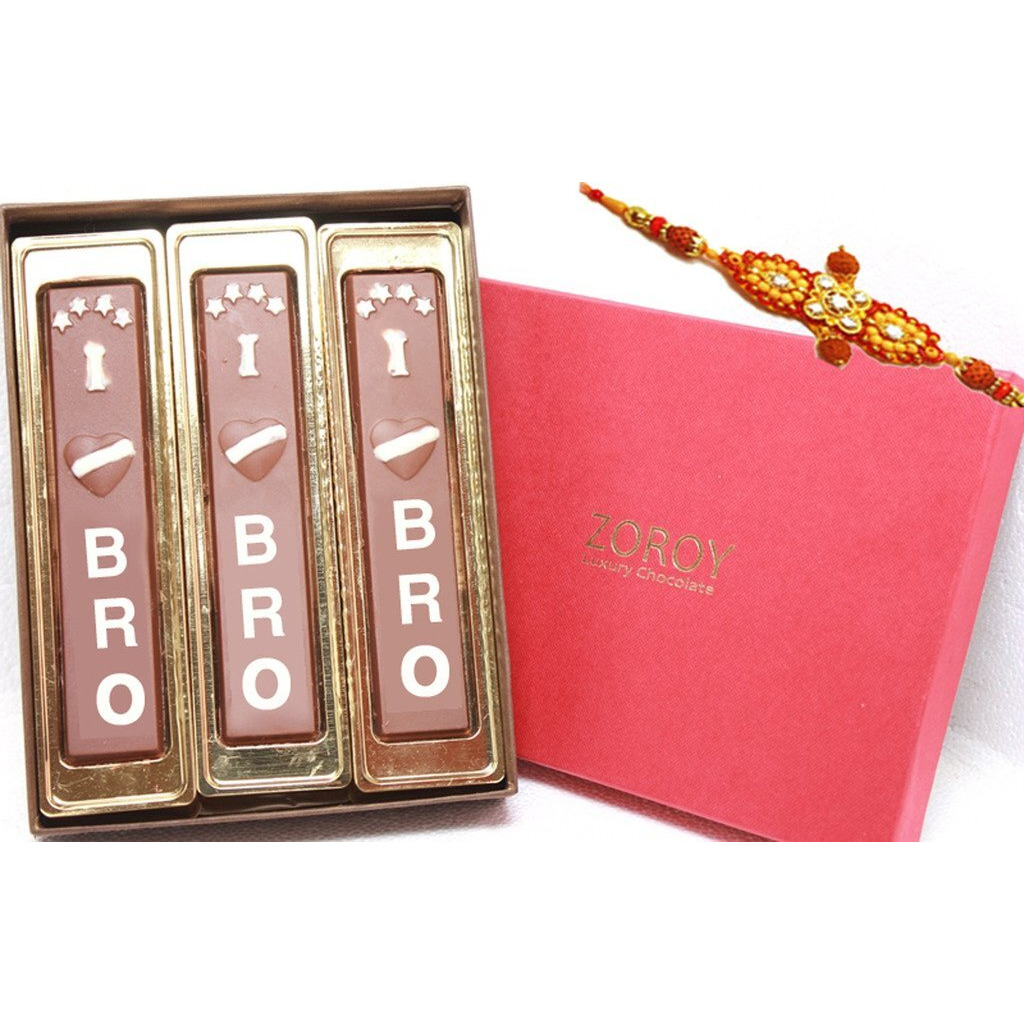 Zoroy Luxury Chocolate Rakhi Gift Brother With I Love Bro Chocolate | Message Chocolate | Rakhi Gift Combo | Rakshabandhan Gifts For Brother | Complimentary Rakhi | 3 Bars Set