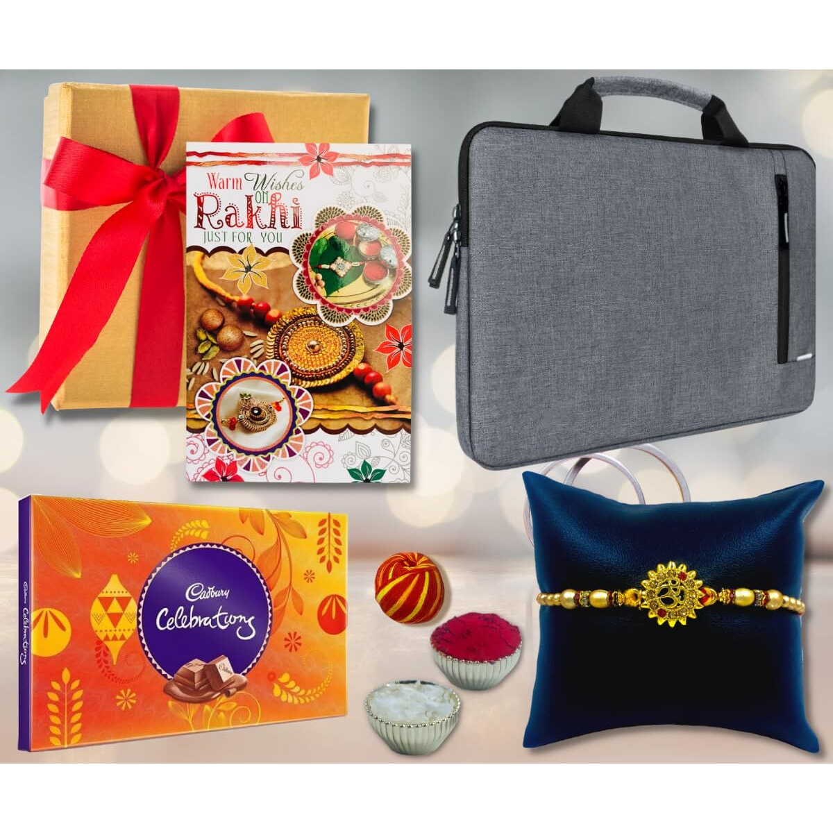 Almoda Creations Latest Rakhi Gift For Brother - Laptop Bag, Chocolates, Tilak Pouch With Gift Wrapping Rakhi Set