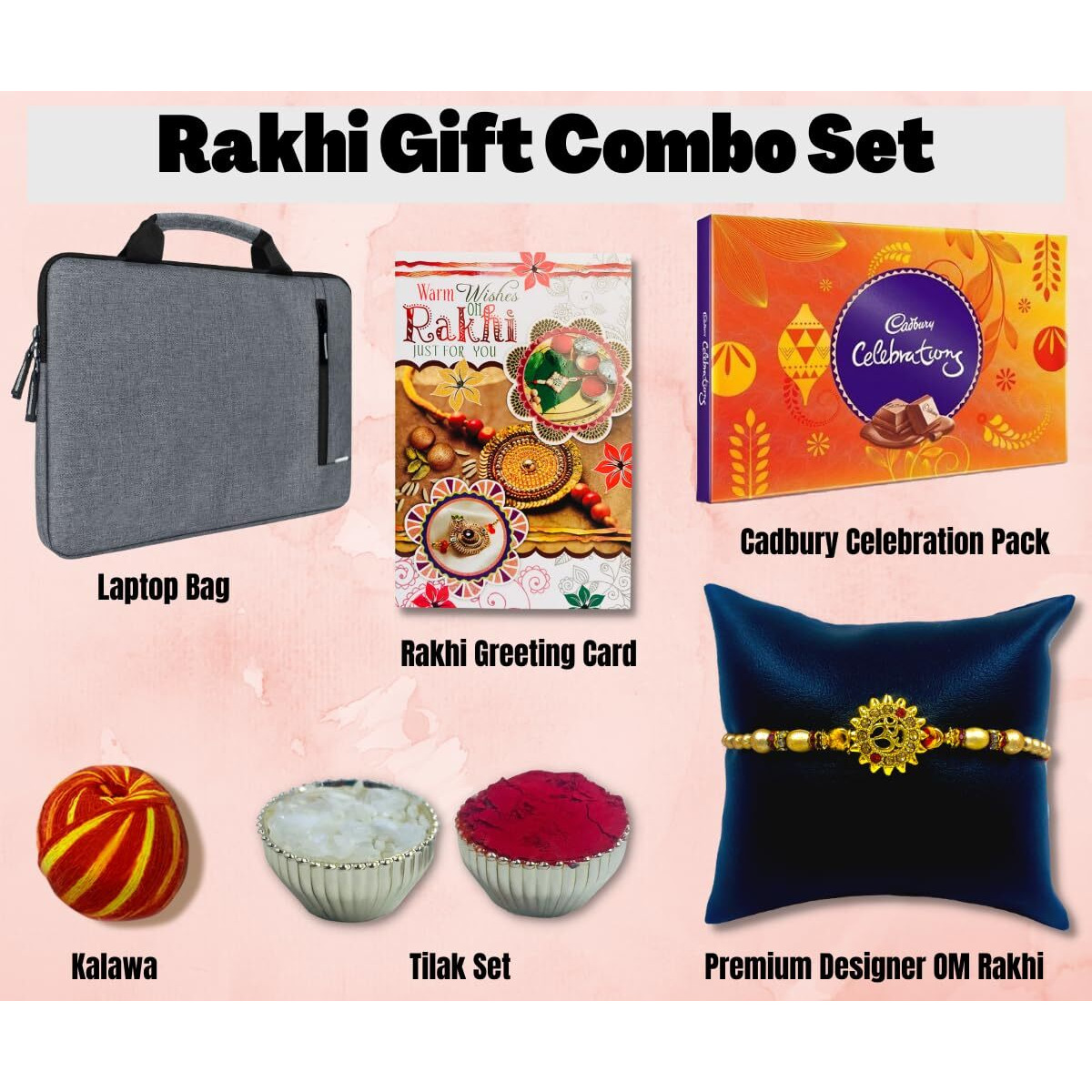 Almoda Creations Latest Rakhi Gift For Brother - Laptop Bag, Chocolates, Tilak Pouch With Gift Wrapping Rakhi Set