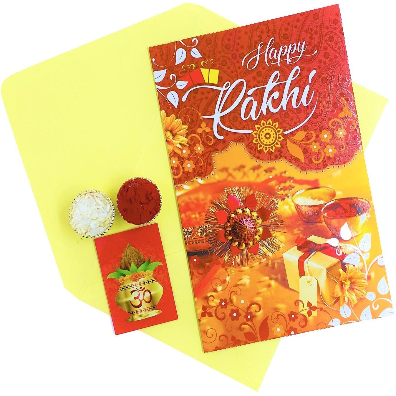 Almoda Creations Rakshabandhan With Sweet-Lord Ganesha Idol Figurine , 2 Antique Panch Dhatu Rakhi, Akshtra & Tilak With Cadbury Celebration Festive Box Chocolates, Rakhi Gifting & Customized Message Option