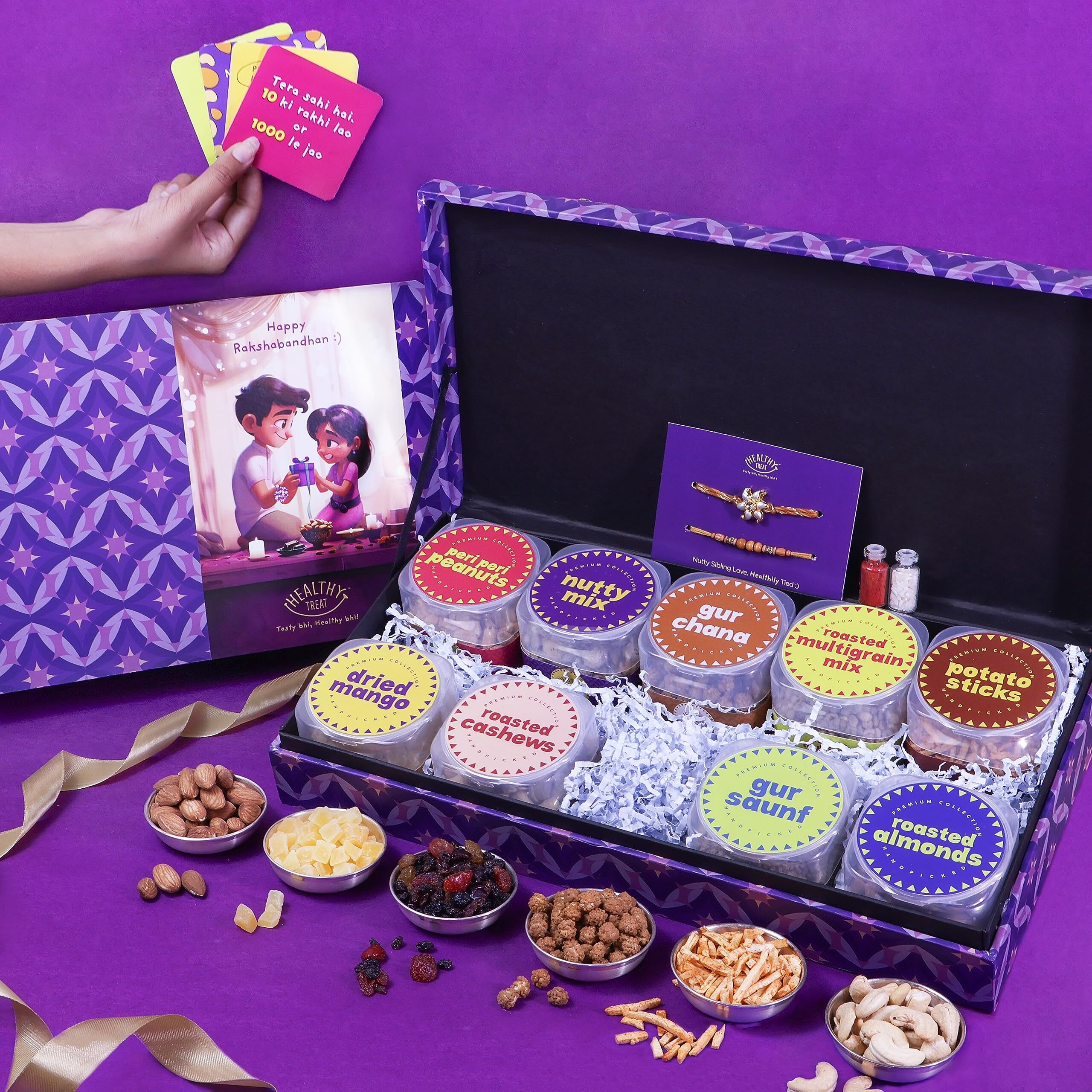 Healthy Treat Guilt-Free Surprise Rakhi Gift Hamper Rakhi, Roasted Dry Fruits Gift Pack, A Pair Of Rakhi, Rakhi Cards, Rakhi Gifts Brother And Sister, The Ultimate Assorted Rakhi Gift Hamper