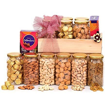 Nutri Miracle Rakhi Dry Fruit & Nut Gifts With Variety Of Handcrafted Rakhis For Brother N Family Including Golden Bhai Bhabhi Pair N Tilak Kit,1.25Kg