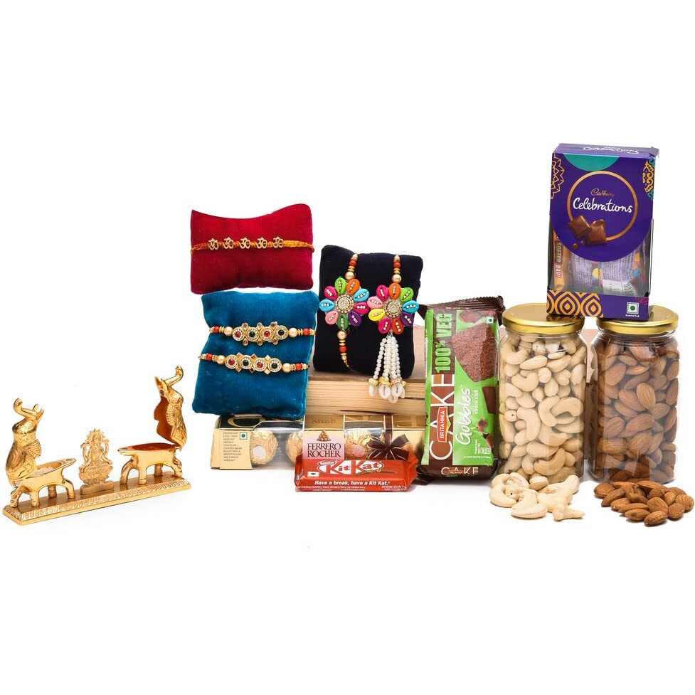 Nutri Miracle Rakhi Chocolates Dry Fruit & Nut Gifts I Multy Colour Kodi Pair I Colour Stone Rakhis For Brother N Family I Hathi Chopda Tilak Kit