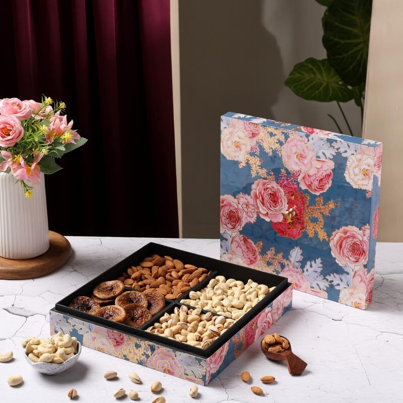 Riwaz Elite Dry Fruits Gift Box |Enamel Pink Flower Designer Box With Almonds, Cashews, Pistachios, Figs | Perfect For Rakhi, Diwali, Eid, Fathers Day, Corporate, Festive Gifting Fathers Day (Dry Fruits 200G Per Containes )