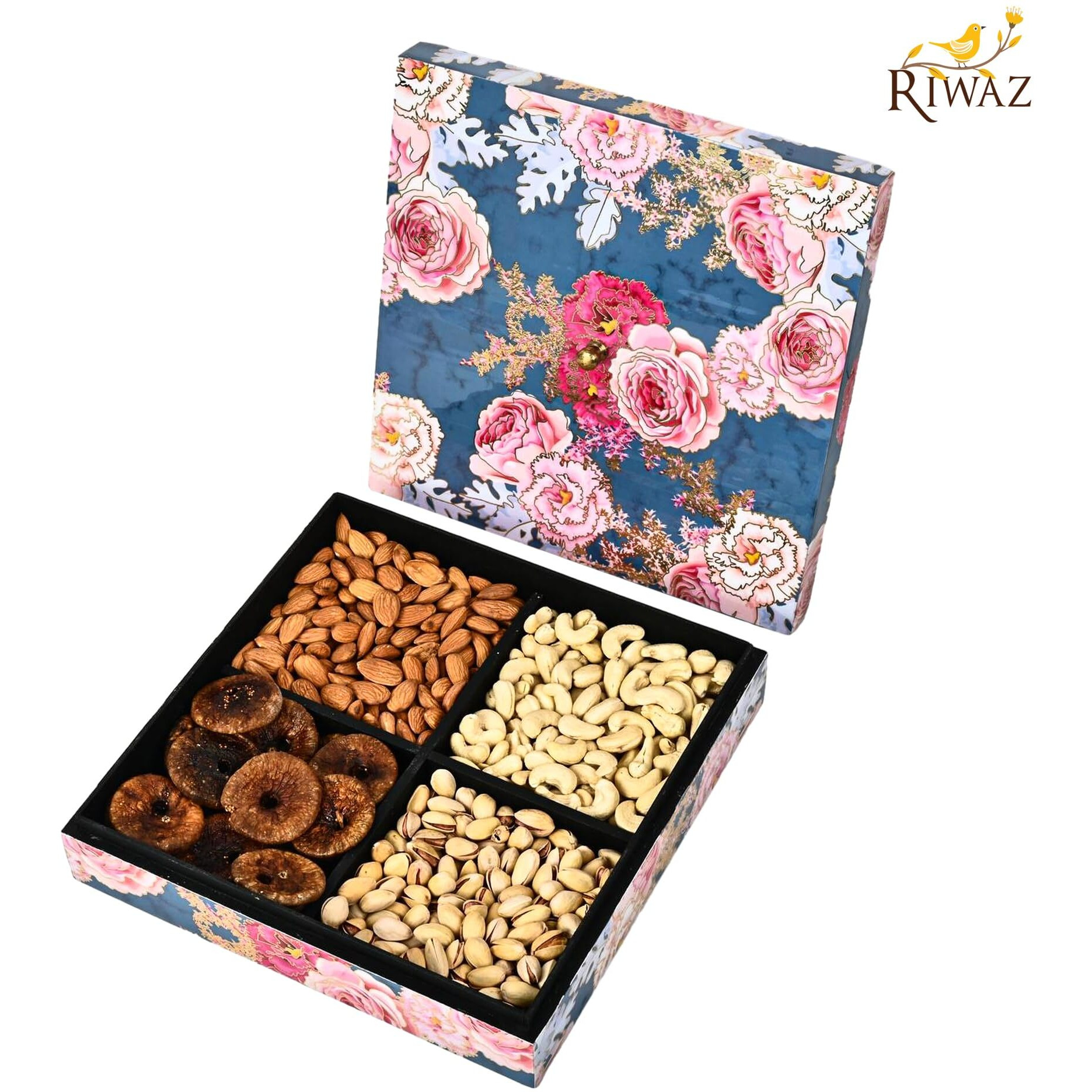 Riwaz Elite Dry Fruits Gift Box |Enamel Pink Flower Designer Box With Almonds, Cashews, Pistachios, Figs | Perfect For Rakhi, Diwali, Eid, Fathers Day, Corporate, Festive Gifting Fathers Day (Dry Fruits 200G Per Containes )