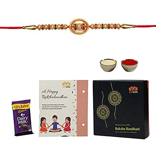 Gifticon Rakhi Combo For Brother With Chocolate Greeting Card And Gift Box| Set Of 1 Rakhi 1 Dairy Milk 1 Rakhi Greetings Card And Roli Chawal