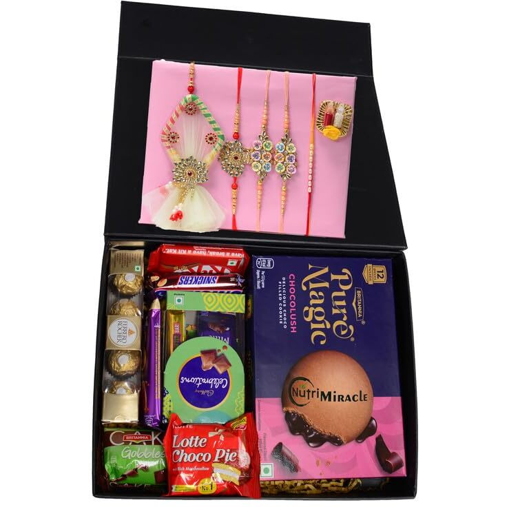 Nutri Miracle Bliss Rakhi Chocolates Gift Hamper For Brother N Family |Gift Basket With 5 Rakhis, Roli, Chaval, Kit