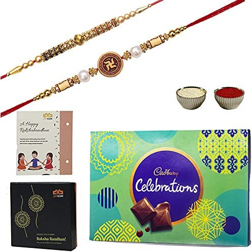 Gifticon Set Of 2 Rakhi With Chocolate Celebrations (100) 1 Rakhi Greeting Card And Roli Chawal Gift Set