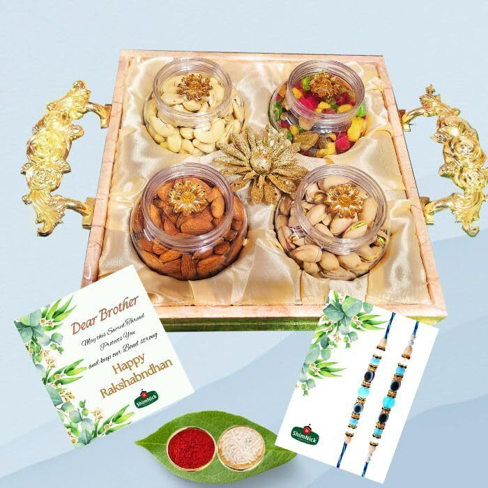 Shimnick Rakshabandhan Dryfruit Gift Box With Designer Hand-Picked Evil-Eyerakhis | Almonds, Cashews, Pistachios, Kishmish | Designer Gift For Brother/Sister | Roli- Chawal (With Rakhi And Loomba)