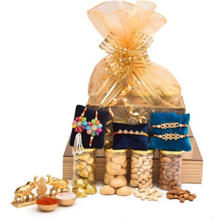Nutri Miracle Rakhi Dry Fruit & Nut Gifts I Colorful Kodis Bhai Bhabhi Pair I Colour Stone Rakhis I Om Dora I Hathi Chopda Tilak Kit I 400Gm