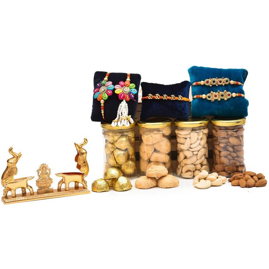 Nutri Miracle Rakhi Dry Fruit & Nut Gifts I Colorful Kodis Bhai Bhabhi Pair I Colour Stone Rakhis I Om Dora I Hathi Chopda Tilak Kit I 400Gm