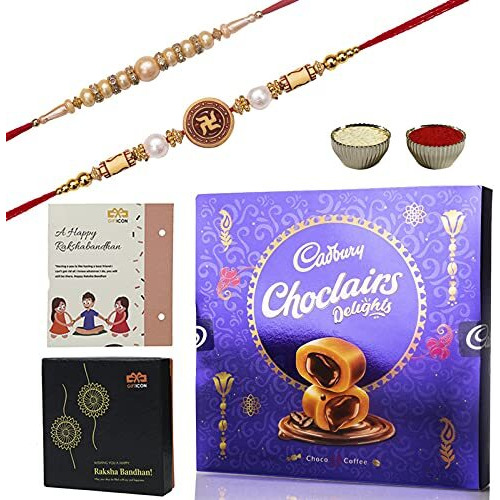 Gifticon Set Of 2 Rakhi With Chocolate Chocolairs Delights 1 Rakhi Greeting Card And Roli Chawal