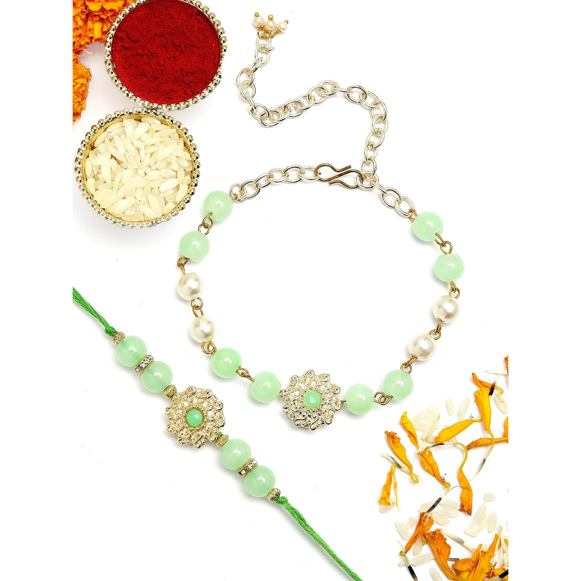 Karatcart Light Green Bead Floral Design Handmade Kundan Bhaiya Bhabhi Rakhi With Roli And Chawal