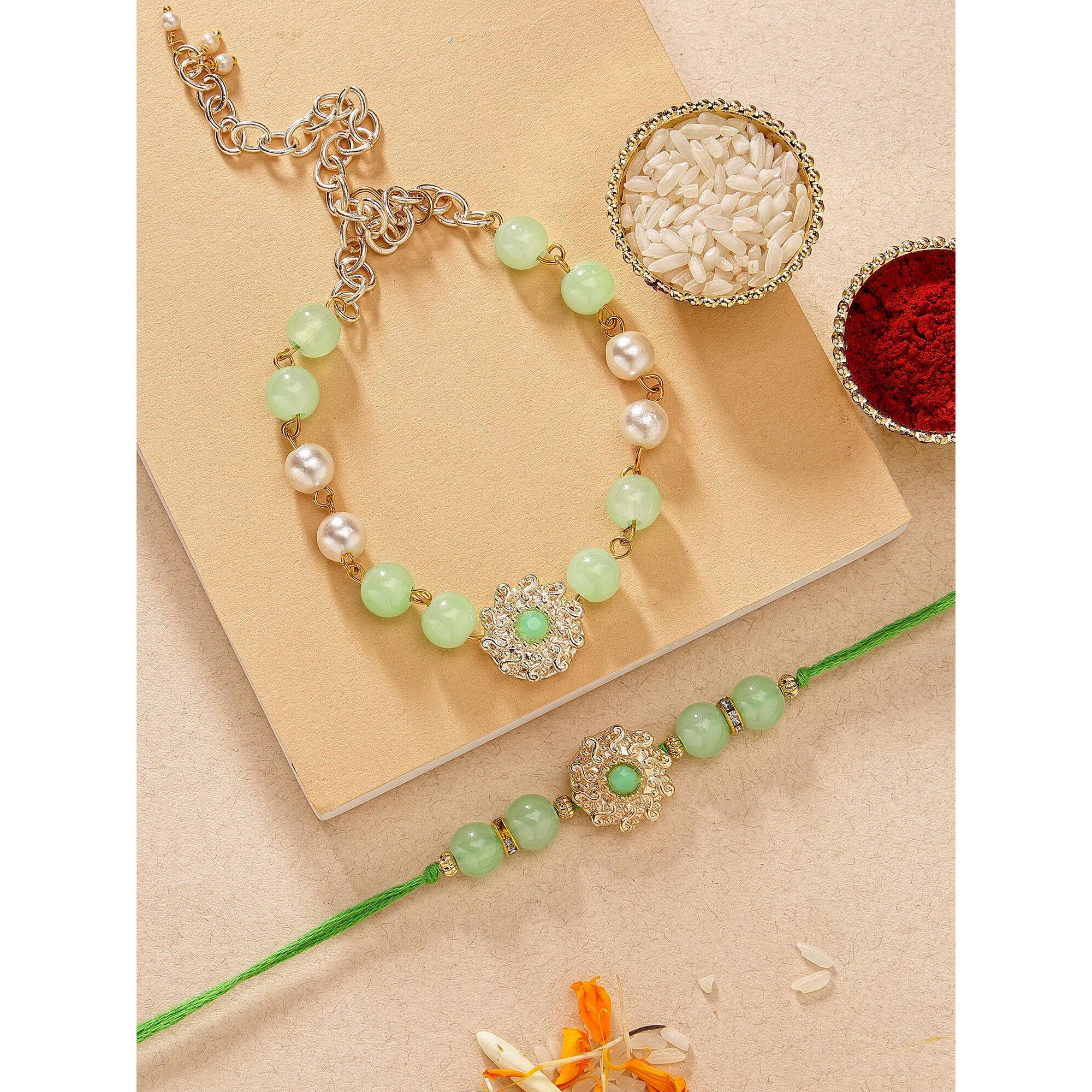 Karatcart Light Green Bead Floral Design Handmade Kundan Bhaiya Bhabhi Rakhi With Roli And Chawal
