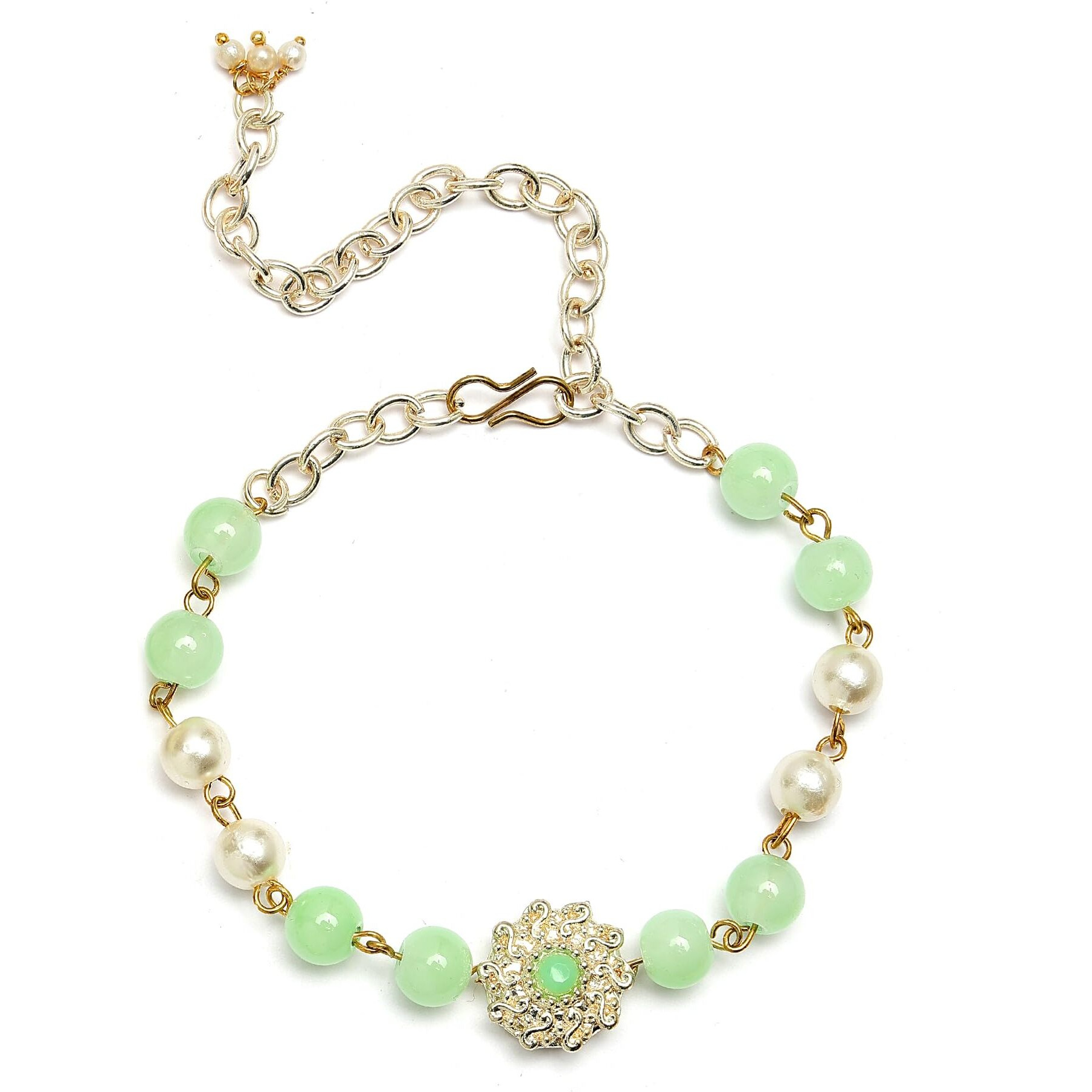 Karatcart Light Green Bead Floral Design Handmade Kundan Bhaiya Bhabhi Rakhi With Roli And Chawal