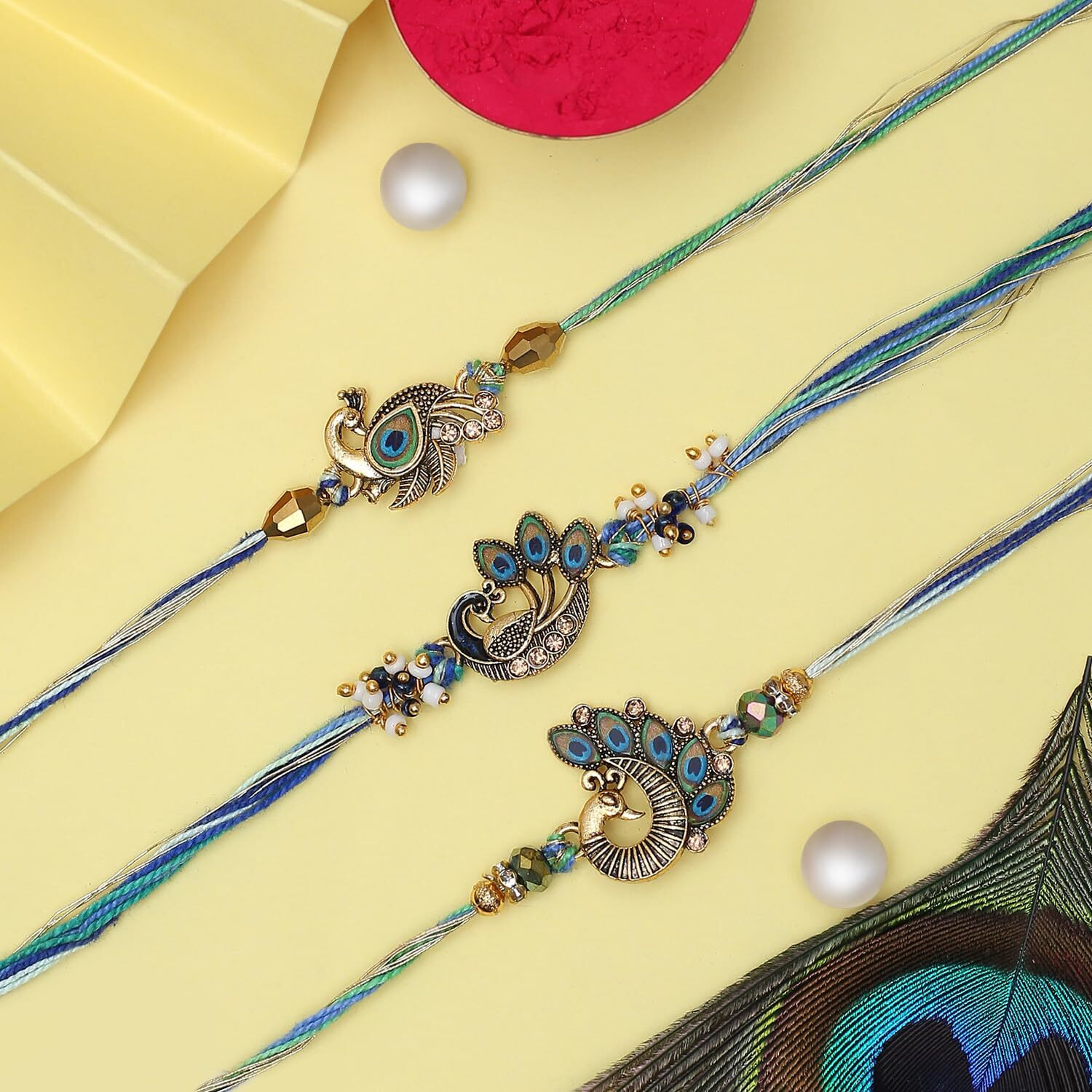 The Purple Tree Mens Meenakari Golden Peacock Rakhis For Brother With Roli Chawal And Card (Pack Of 3) Rakhi For Bhai, Rakshabandhan Gift For Brother, Rakhi Gift
