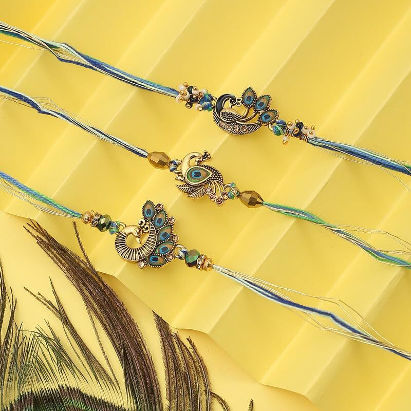 The Purple Tree Mens Meenakari Golden Peacock Rakhis For Brother With Roli Chawal And Card (Pack Of 3) Rakhi For Bhai, Rakshabandhan Gift For Brother, Rakhi Gift