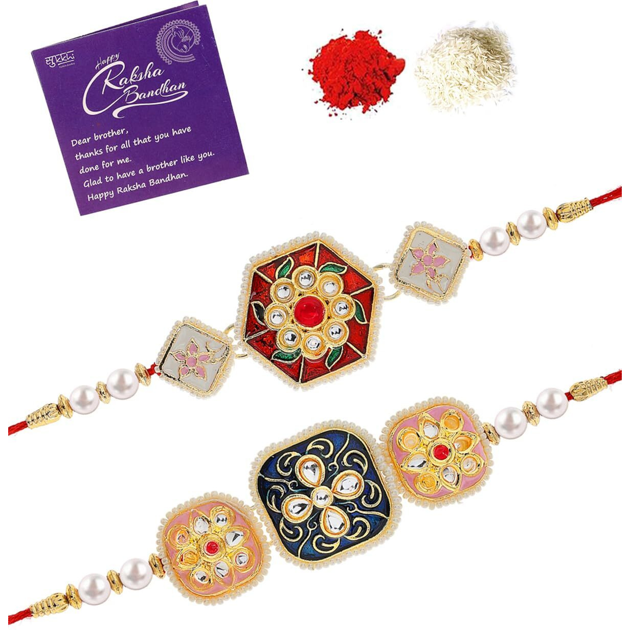 Sukkhi Rakhi Traditional Kundan & Pearls Designer Meenakari Gold Plated Premium Rakhi For Brother With Roli Chawal & Greeting Card | Rakhi For Brother/Bhaiya/Bhai/Men|Rakhi Combo-Set Of 2|Cbrak106942