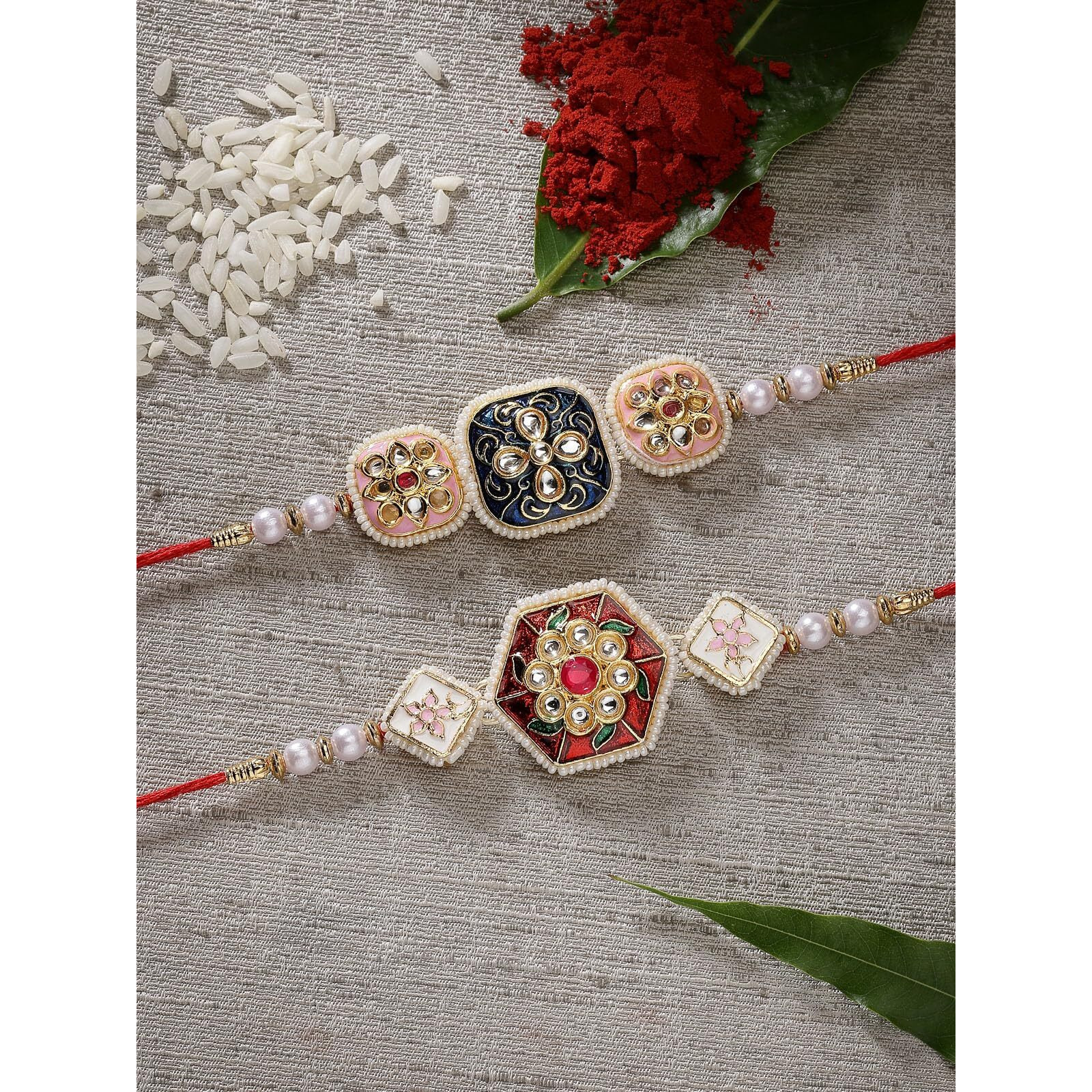 Sukkhi Rakhi Traditional Kundan & Pearls Designer Meenakari Gold Plated Premium Rakhi For Brother With Roli Chawal & Greeting Card | Rakhi For Brother/Bhaiya/Bhai/Men|Rakhi Combo-Set Of 2|Cbrak106942