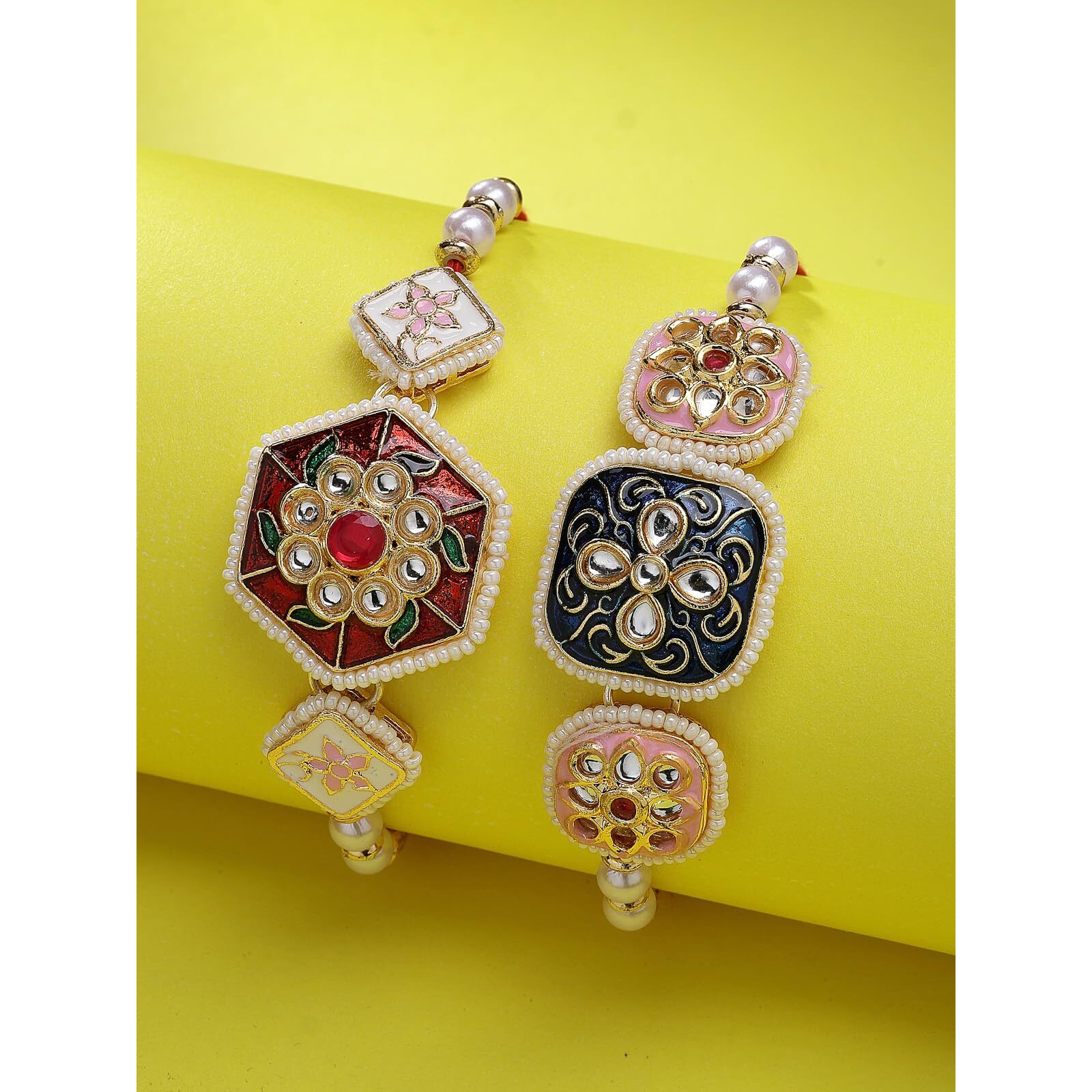 Sukkhi Rakhi Traditional Kundan & Pearls Designer Meenakari Gold Plated Premium Rakhi For Brother With Roli Chawal & Greeting Card | Rakhi For Brother/Bhaiya/Bhai/Men|Rakhi Combo-Set Of 2|Cbrak106942