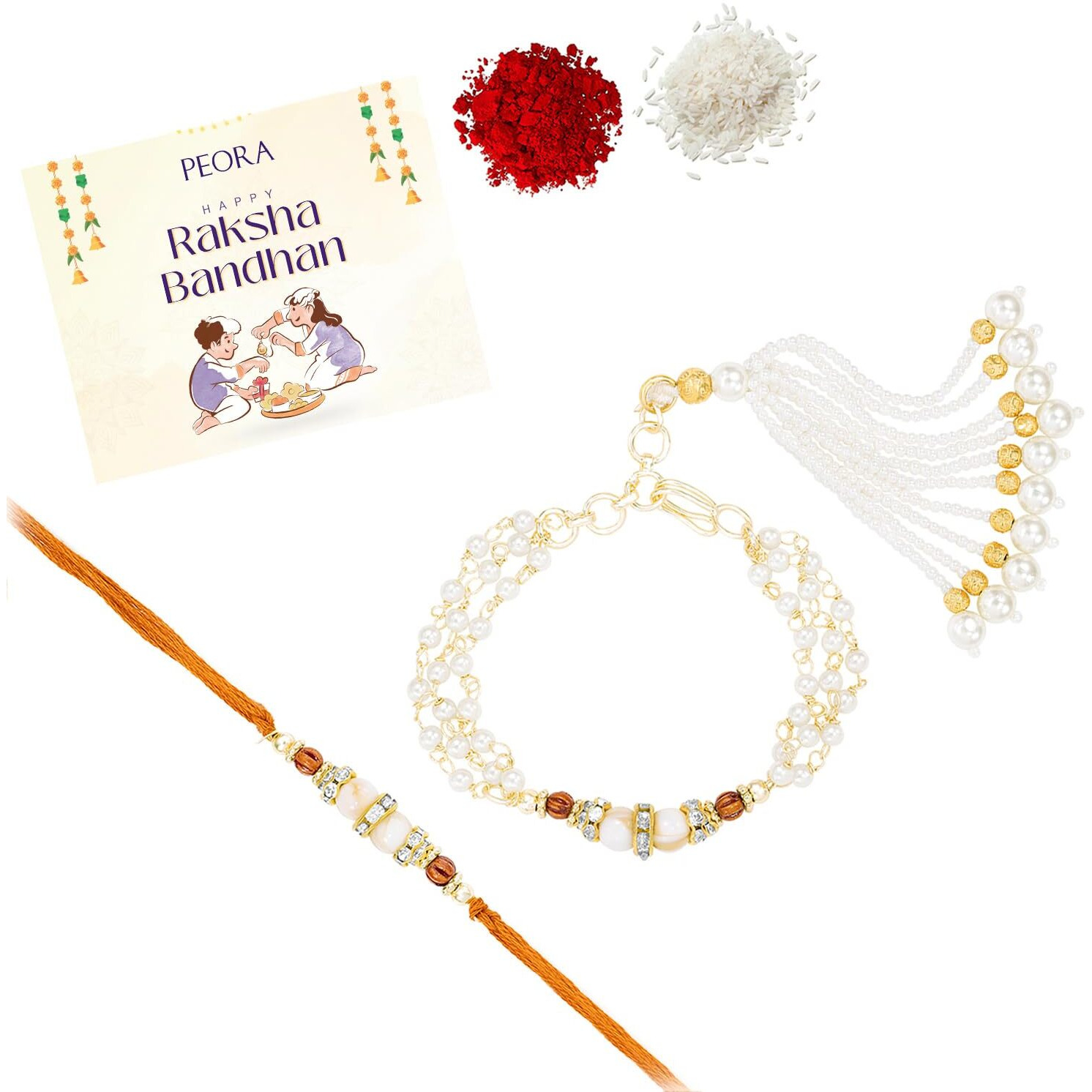 Peora Mustard Yellow & White Rakhi & Lumba For Bhaiya & Bhabhi | Crystals & Beads Studded | Raksha Bandhan Brother Rakhi Hamper With Roli Chawal Greeting Card (Combo, Pack Of 2)