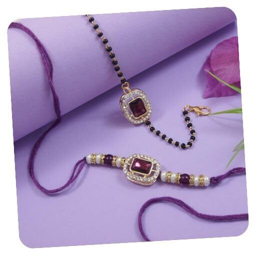 I Jewels Designer Kundan Pearl Hanging Bhaiya Bhabhi Mangalsutra Bracelet Rakhi Set With Roli Chawal & Rakshabandhan Card For Unisex Adult(R166-Co) (Wine)