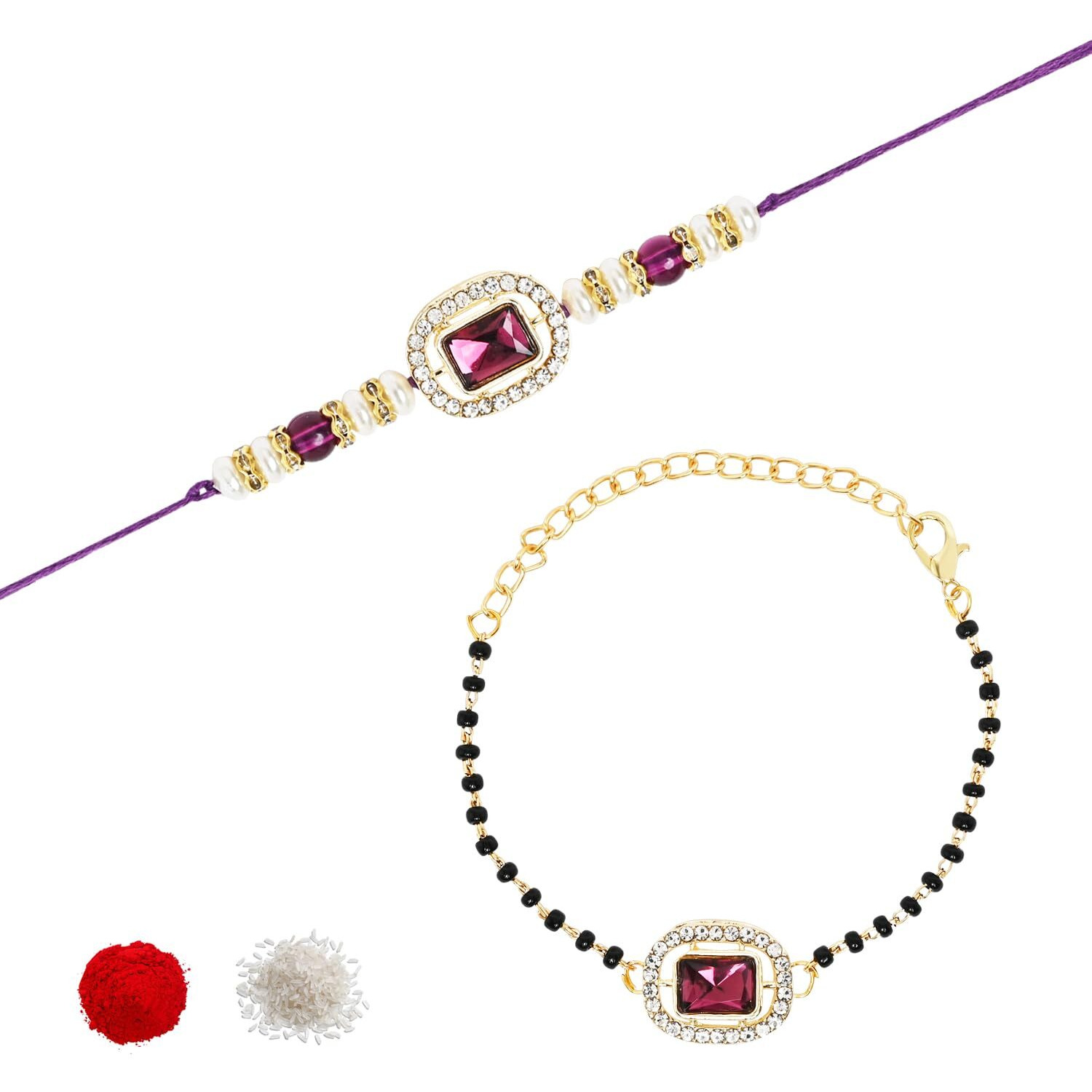 I Jewels Designer Kundan Pearl Hanging Bhaiya Bhabhi Mangalsutra Bracelet Rakhi Set With Roli Chawal & Rakshabandhan Card For Unisex Adult(R166-Co) (Wine)