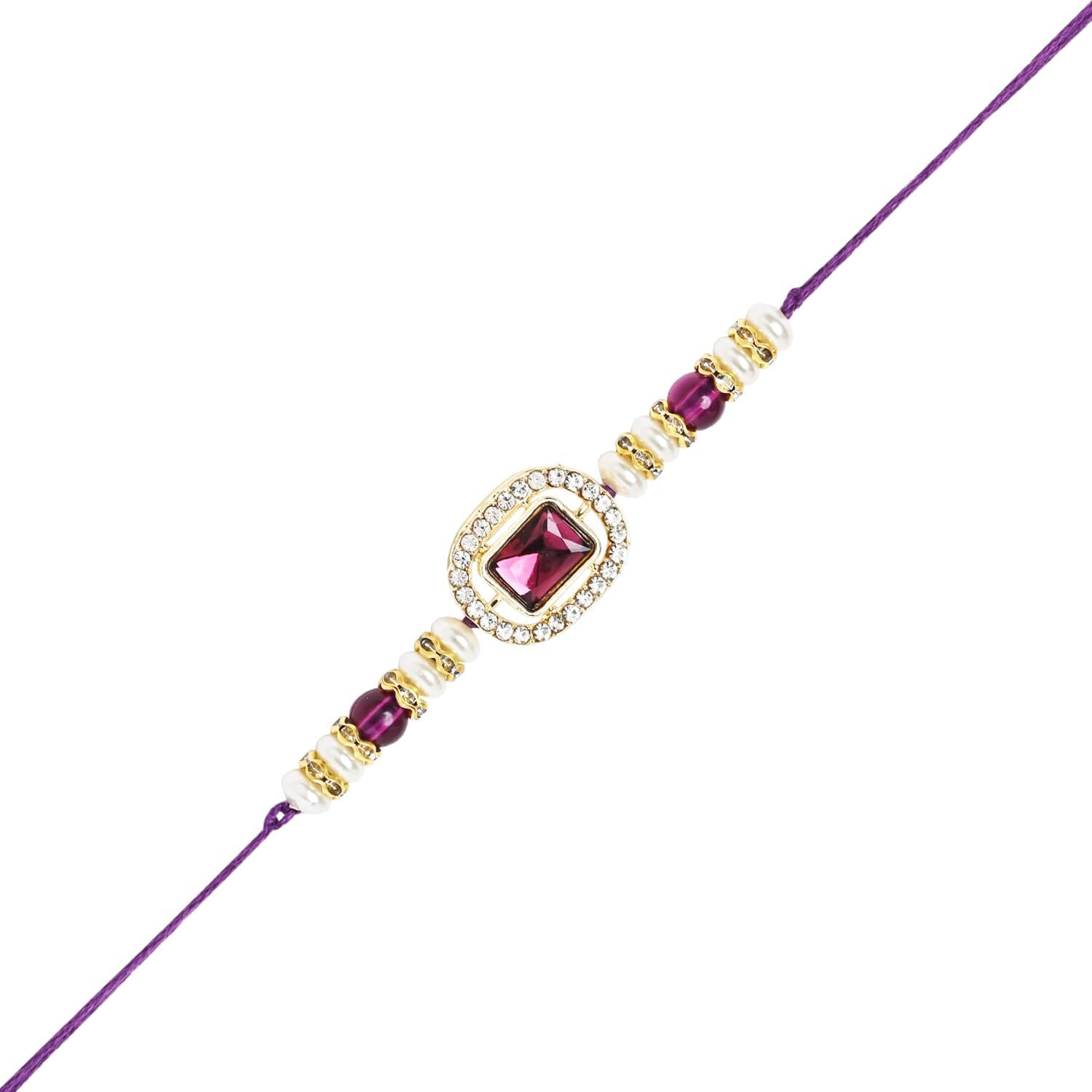 I Jewels Designer Kundan Pearl Hanging Bhaiya Bhabhi Mangalsutra Bracelet Rakhi Set With Roli Chawal & Rakshabandhan Card For Unisex Adult(R166-Co) (Wine)